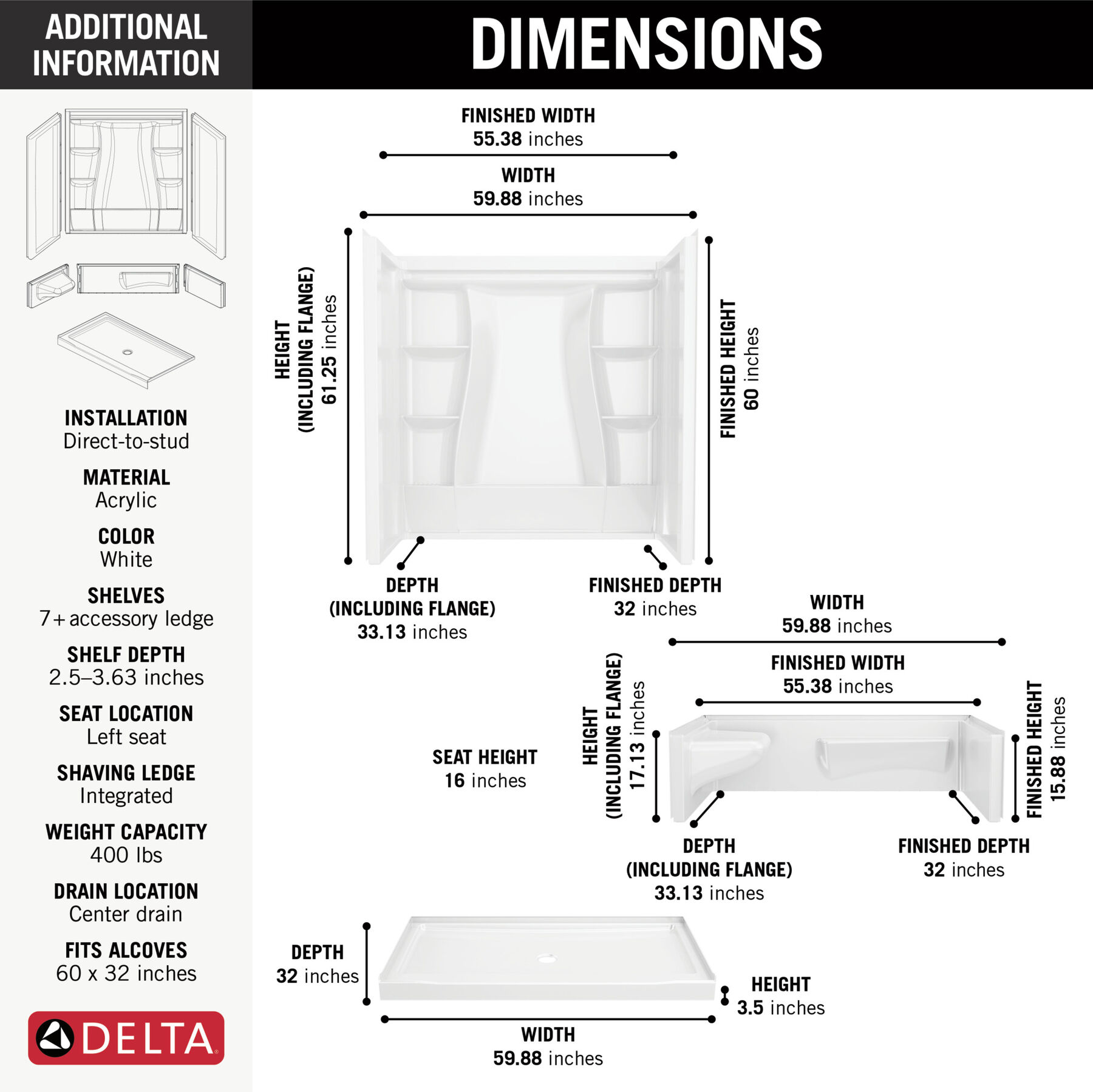 60x32 Alcove Shower Bundle - Left Seat Center Drain, image 3