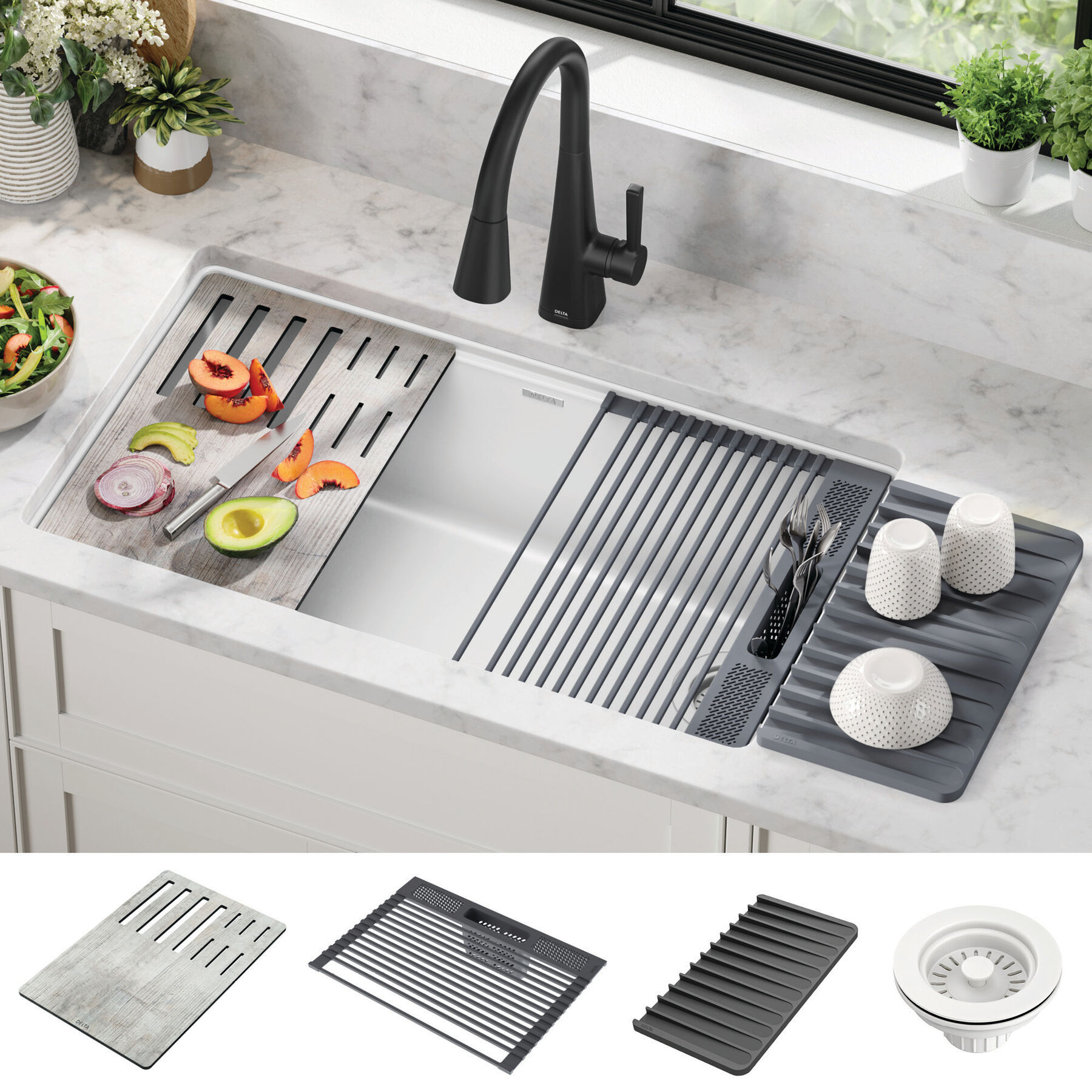 Lavabo de cocina tipo estación de trabajo con un receptáculo de compuesto de granito de 32" de montaje bajo encimera, con reborde WorkFlow™ y accesorios, imagen 40