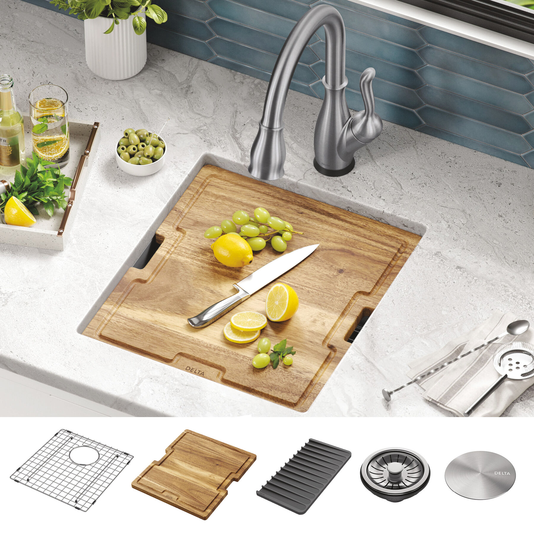 Lavabo de cocina para barra/preparación de alimentos tipo estación de trabajo con un receptáculo de acero inoxidable calibre 16 de 17" de montaje bajo encimera, con reborde WorkFlow™ y accesorios, imagen 11