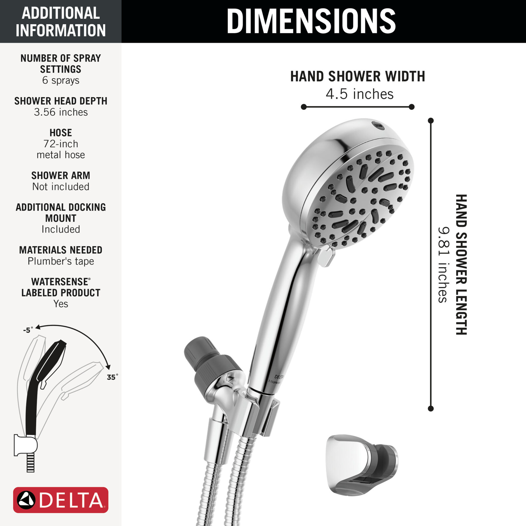 Ducha manual de 6 ajustes con rociado de limpieza, imagen 6