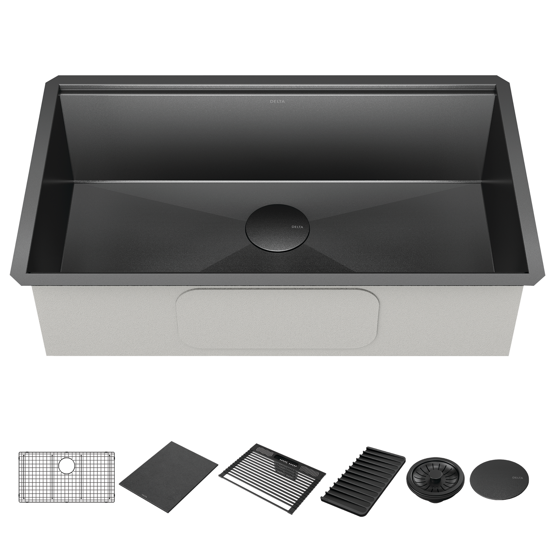 Lavabo de cocina tipo estación de trabajo con un receptáculo calibre 16 de 32" de montaje bajo encimera, con reborde WorkFlow™ y accesorios