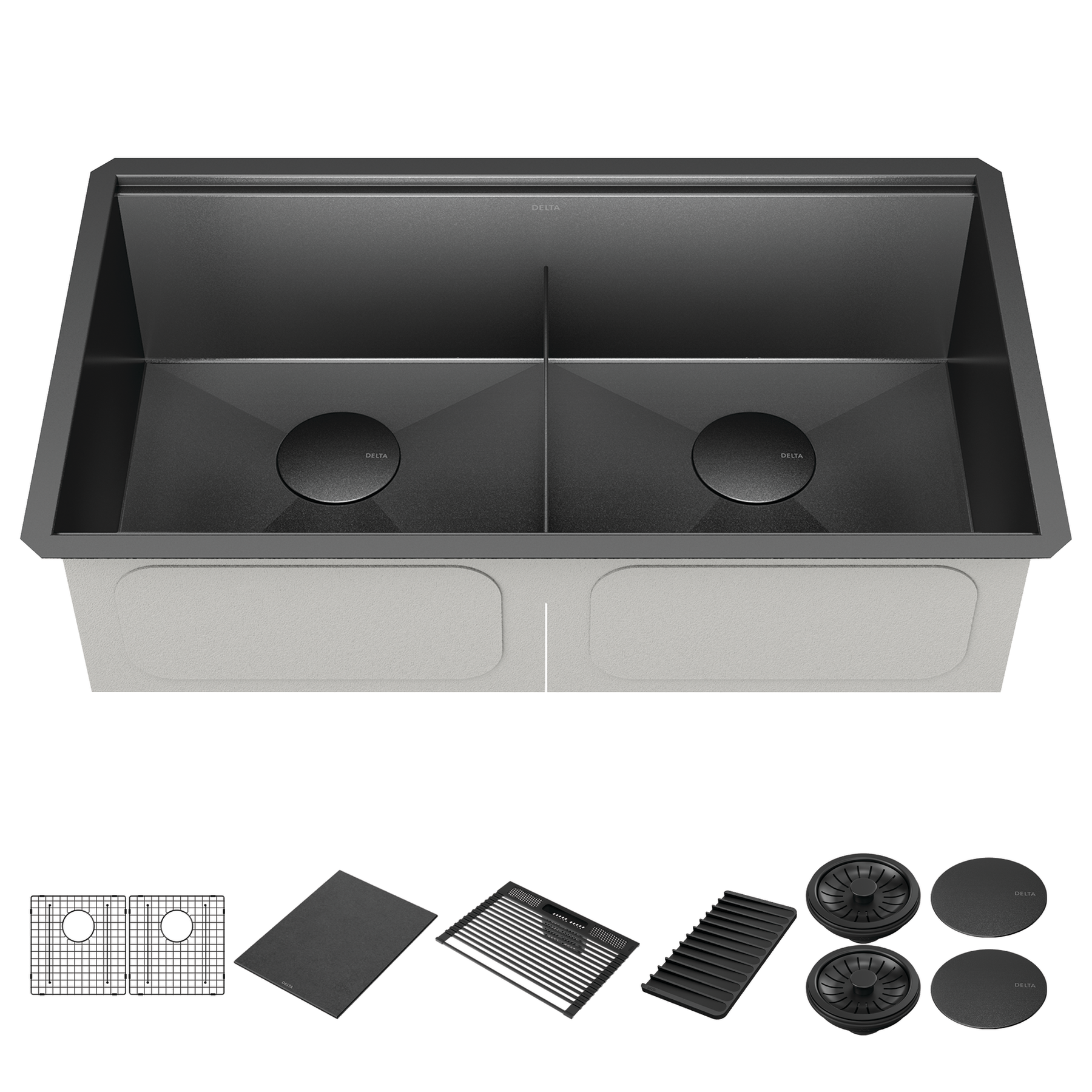 Lavabo de cocina tipo estación de trabajo con dos receptáculos calibre 16 de 33" de montaje bajo encimera, con reborde WorkFlow™ y accesorios