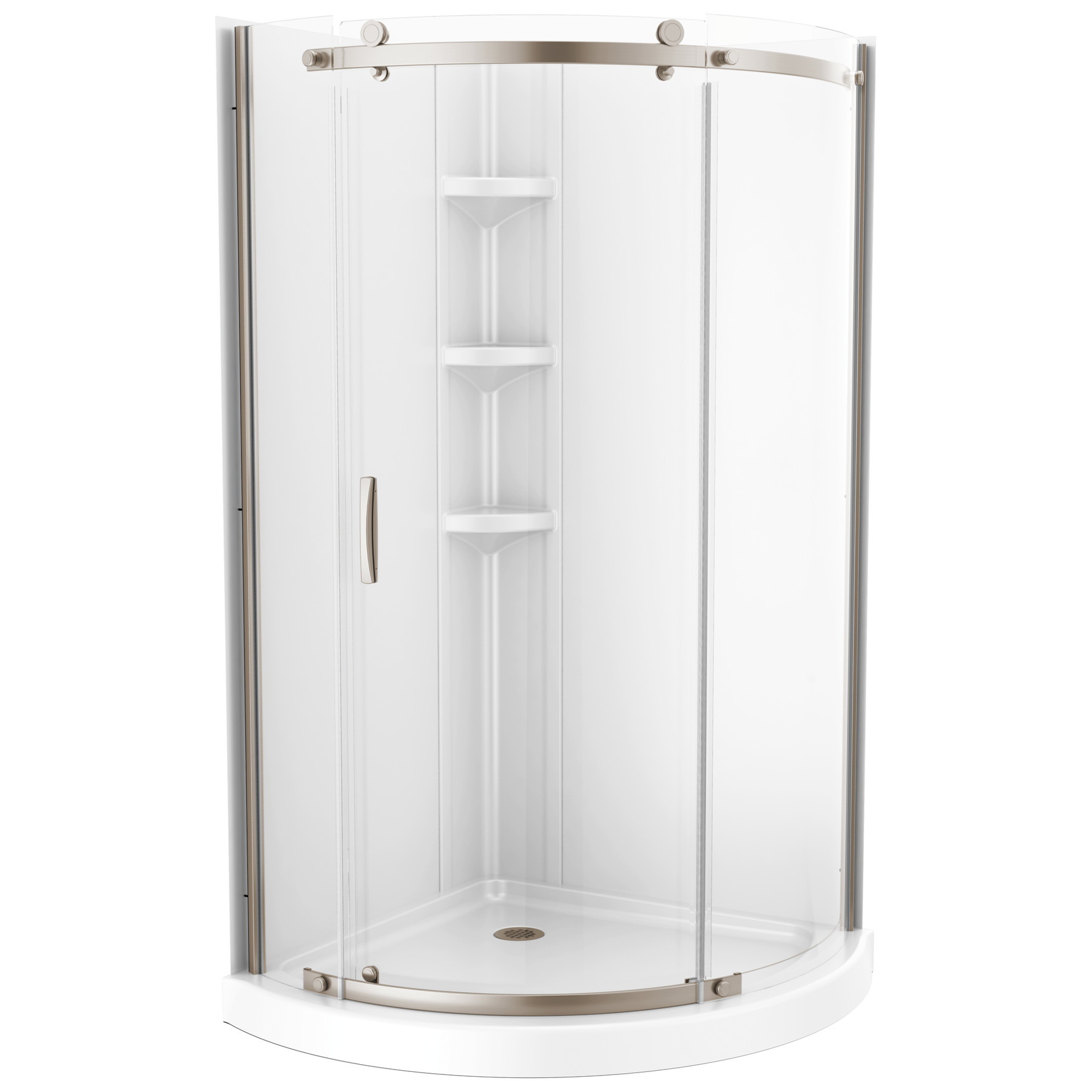 38x38 Corner Shower Bundle with Door - Frameless Round with Glue Up Wall Set