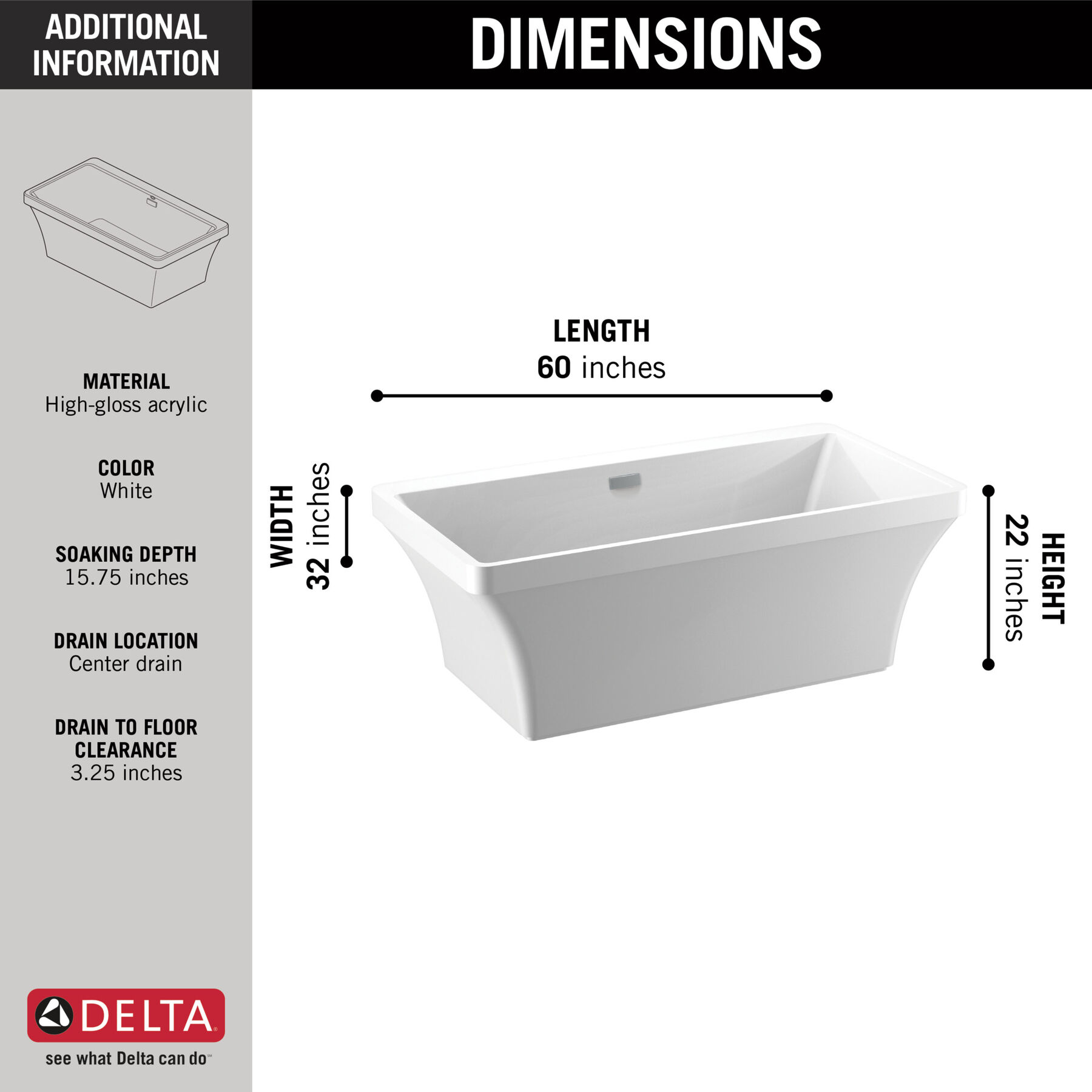 Bañera independiente de 60" x 32" con protección contra desechos y desbordes integrada, imagen 6