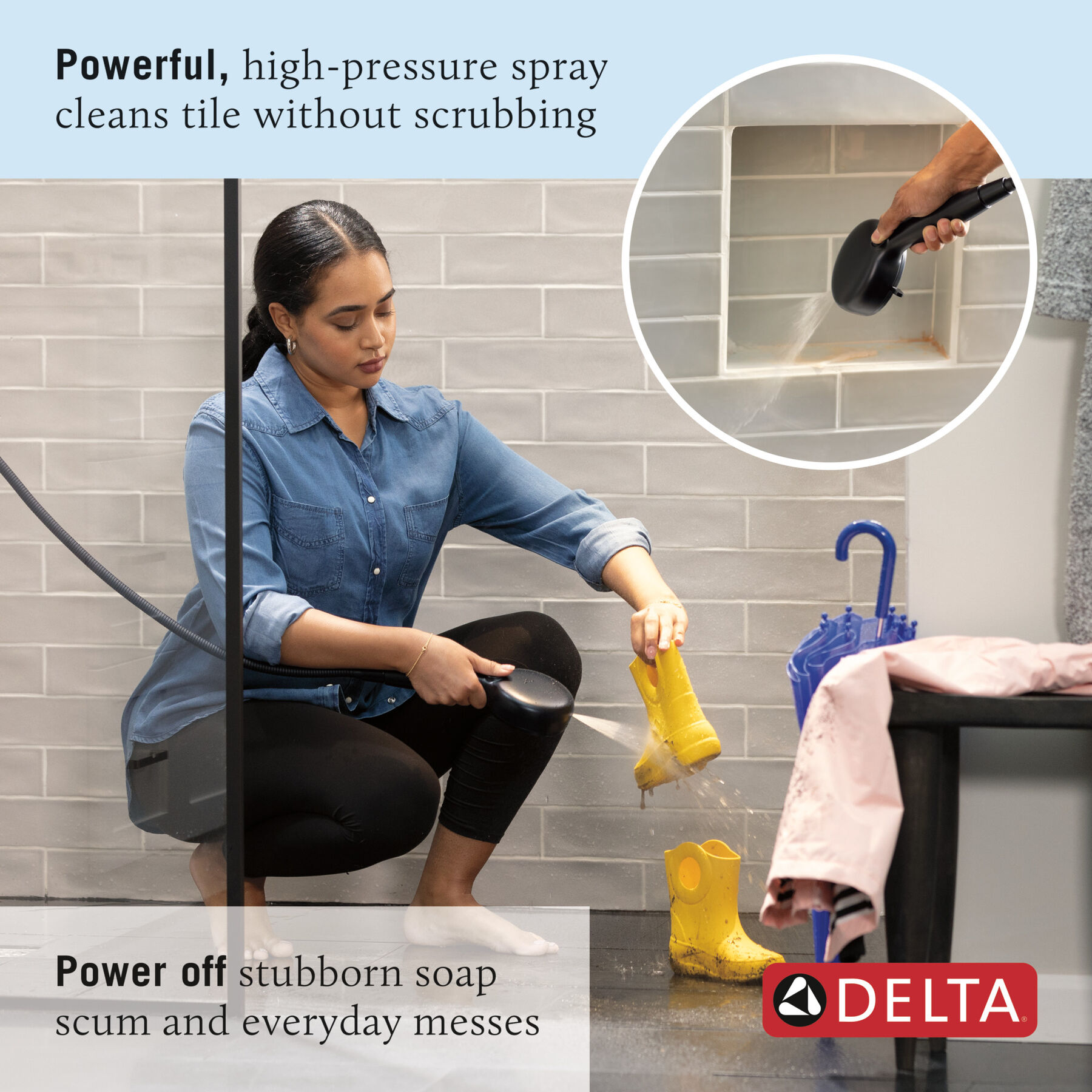 7-Setting Wall Mount Hand Shower with Cleaning Spray, image 1