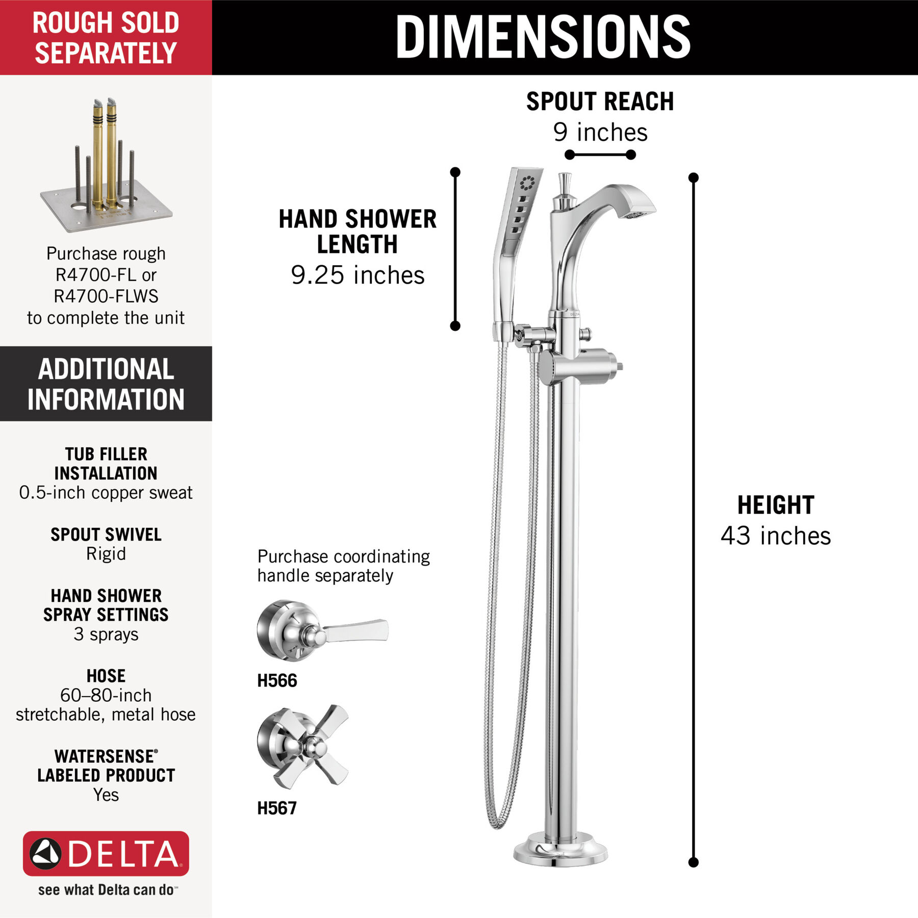 Single Handle Floor Mount Tub Filler Trim - Less Handle, image 1