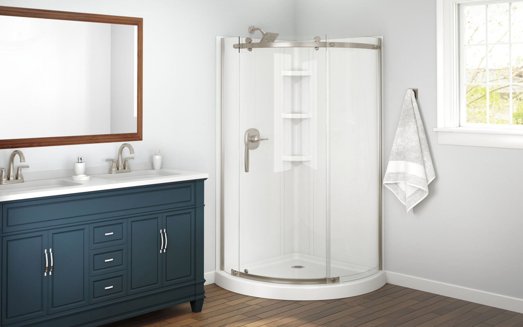 38x38 Corner Shower Bundle with Door - Frameless Round with Glue Up Wall Set, image 2