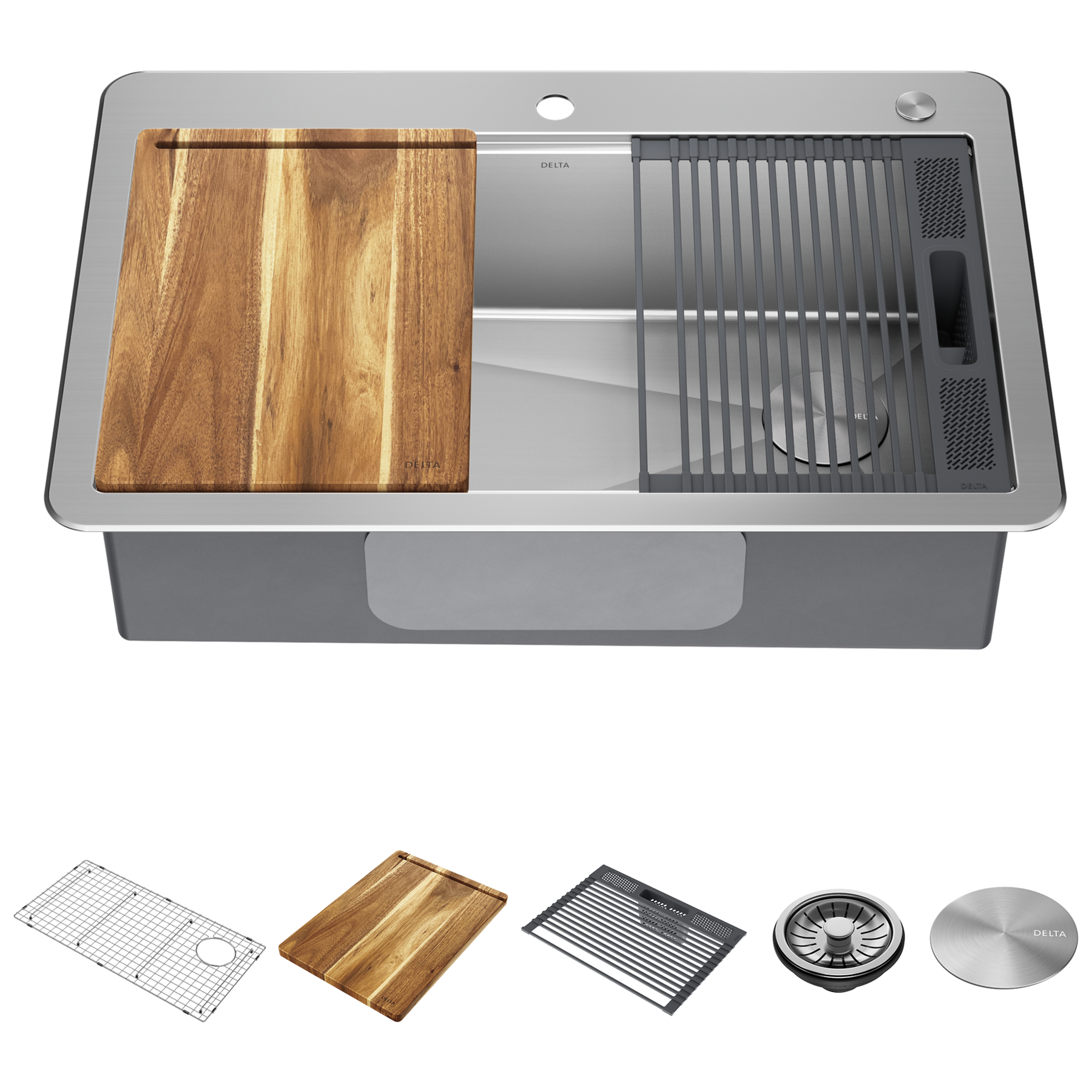 Lavabo de cocina tipo estación de trabajo con un receptáculo de acero inoxidable de 33" de montaje superior encastrado, con reborde WorkFlow™ y accesorios