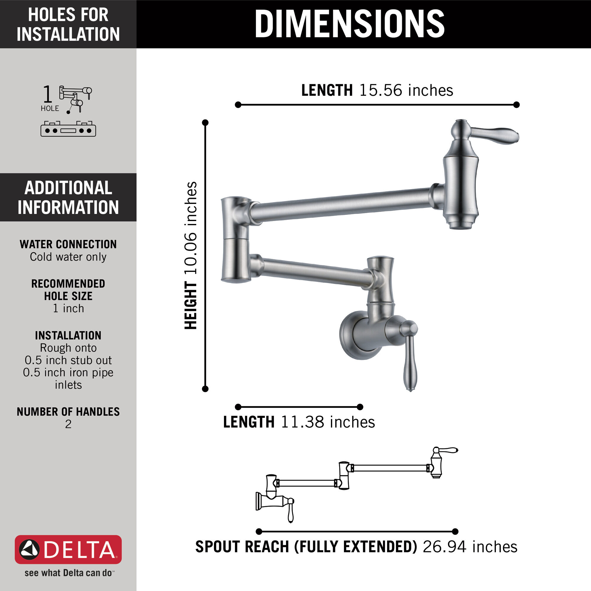 Llave para llenar ollas de montaje en pared estilo tradicional en Arctic Stainless 1177LF AR Delta Faucet