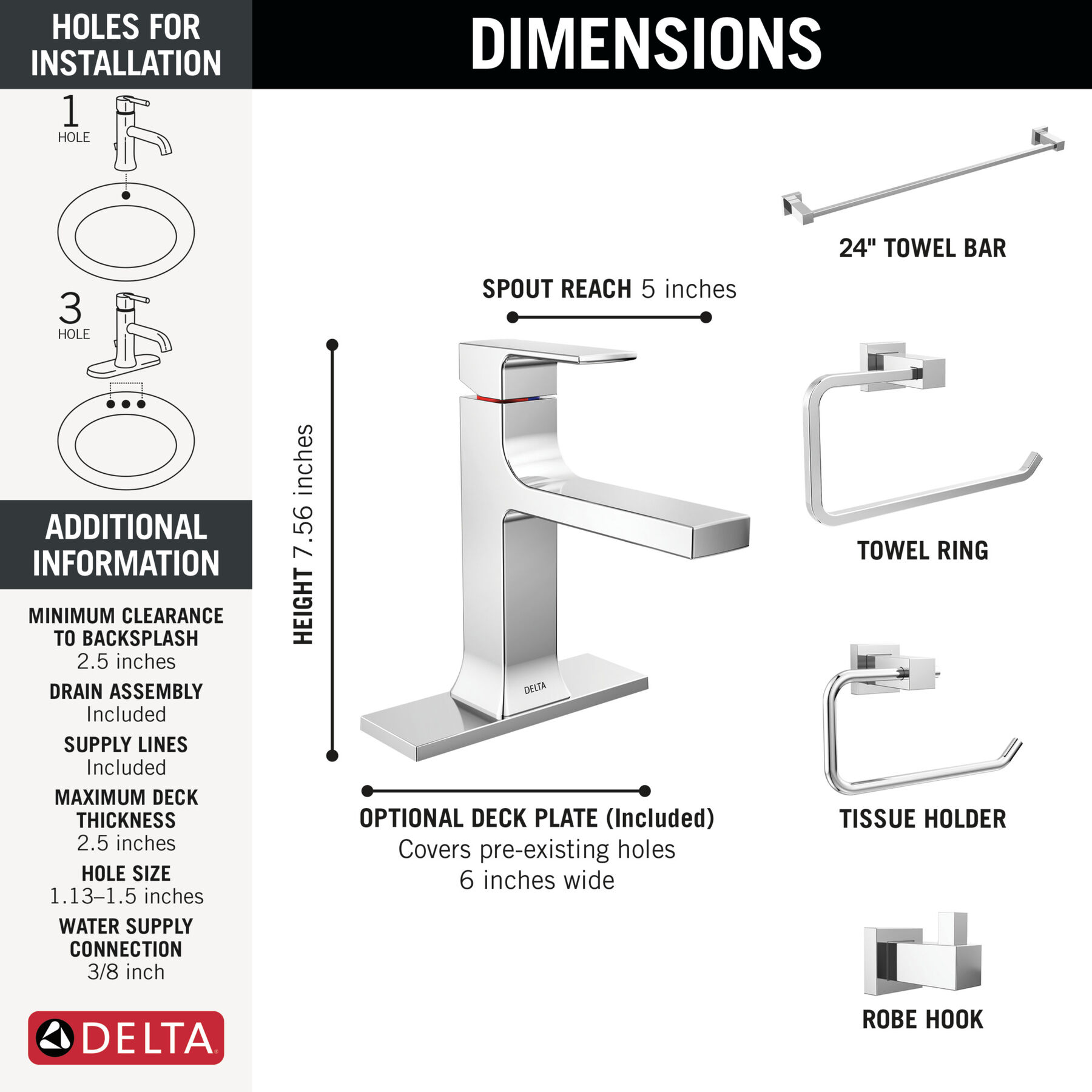 Single Handle Lavatory Faucet with Bathroom Accessories Bundle, image 1
