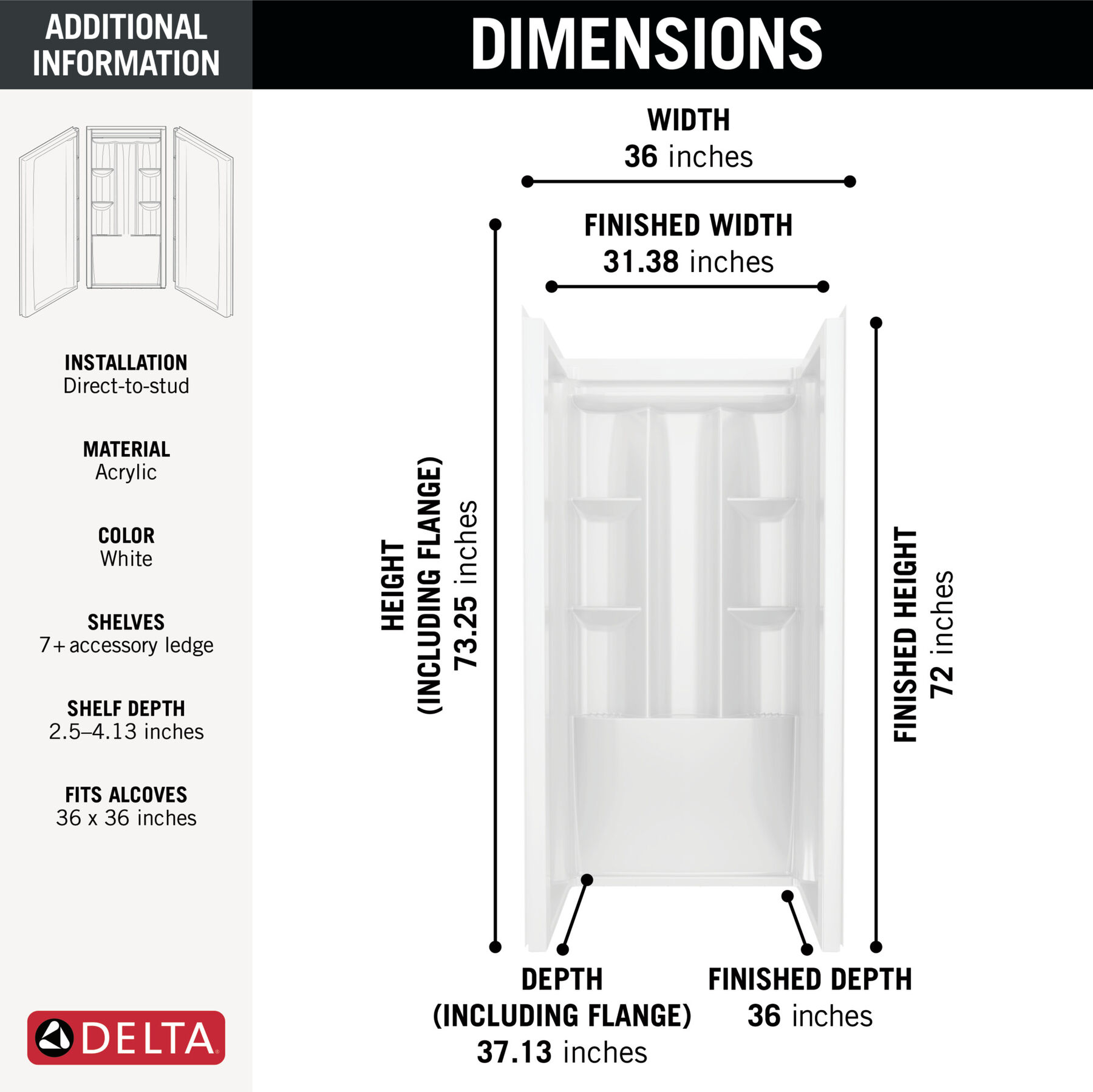 ProCrylic, 36 pulgadas x 36 pulgadas Shower Wall, image 4