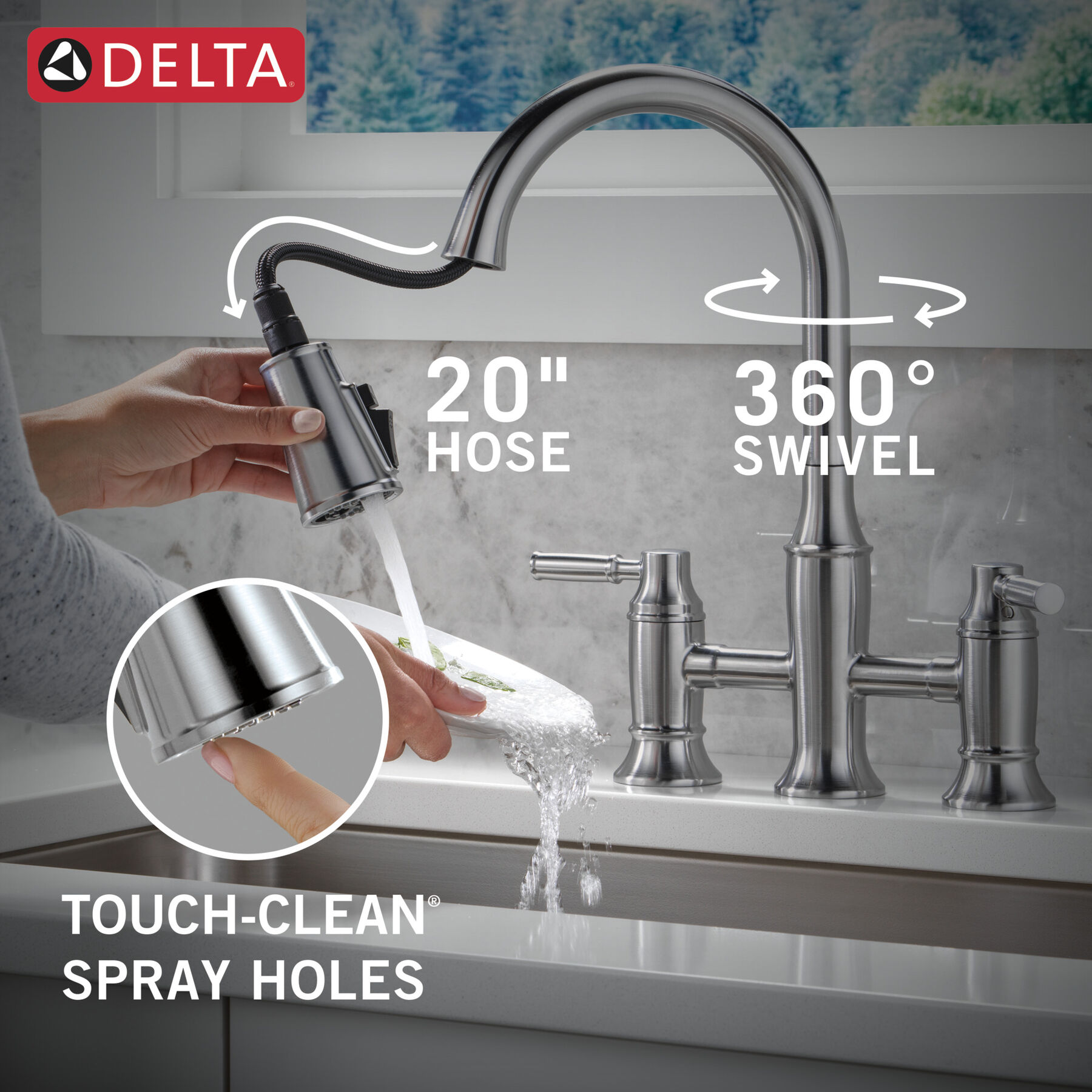 Llave para cocina tipo puente extensible con dos manijas, imagen 6