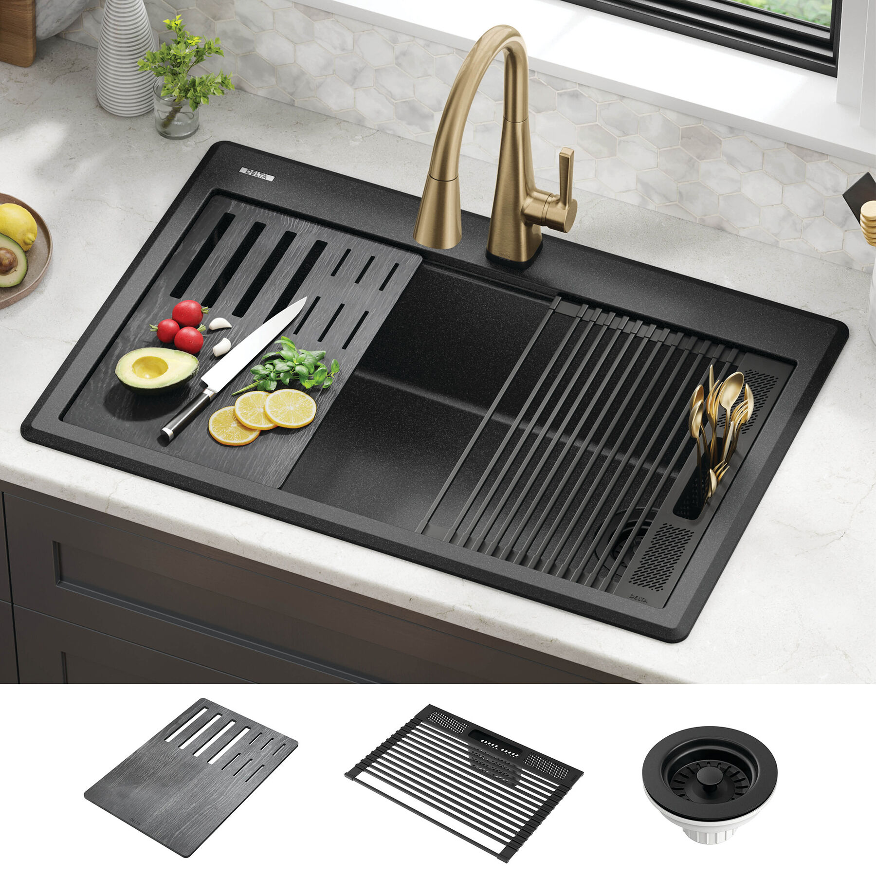 Lavabo de cocina tipo estación de trabajo con un receptáculo de compuesto de granito de 33" de montaje superior encastrado, con reborde WorkFlow™ y accesorios, imagen 9