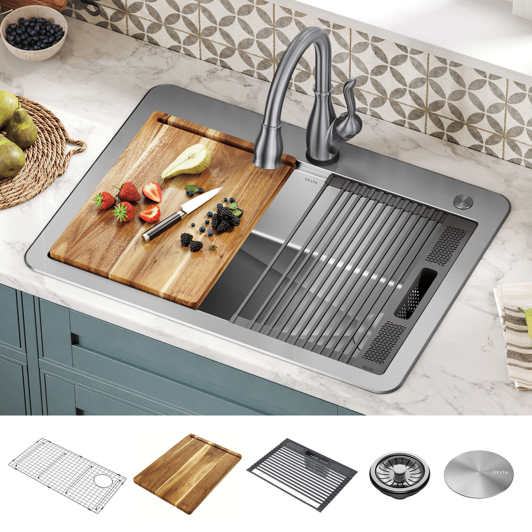 Lavabo de cocina tipo estación de trabajo con un receptáculo de acero inoxidable de 30" de montaje superior encastrado, con reborde WorkFlow™ y accesorios, imagen 10