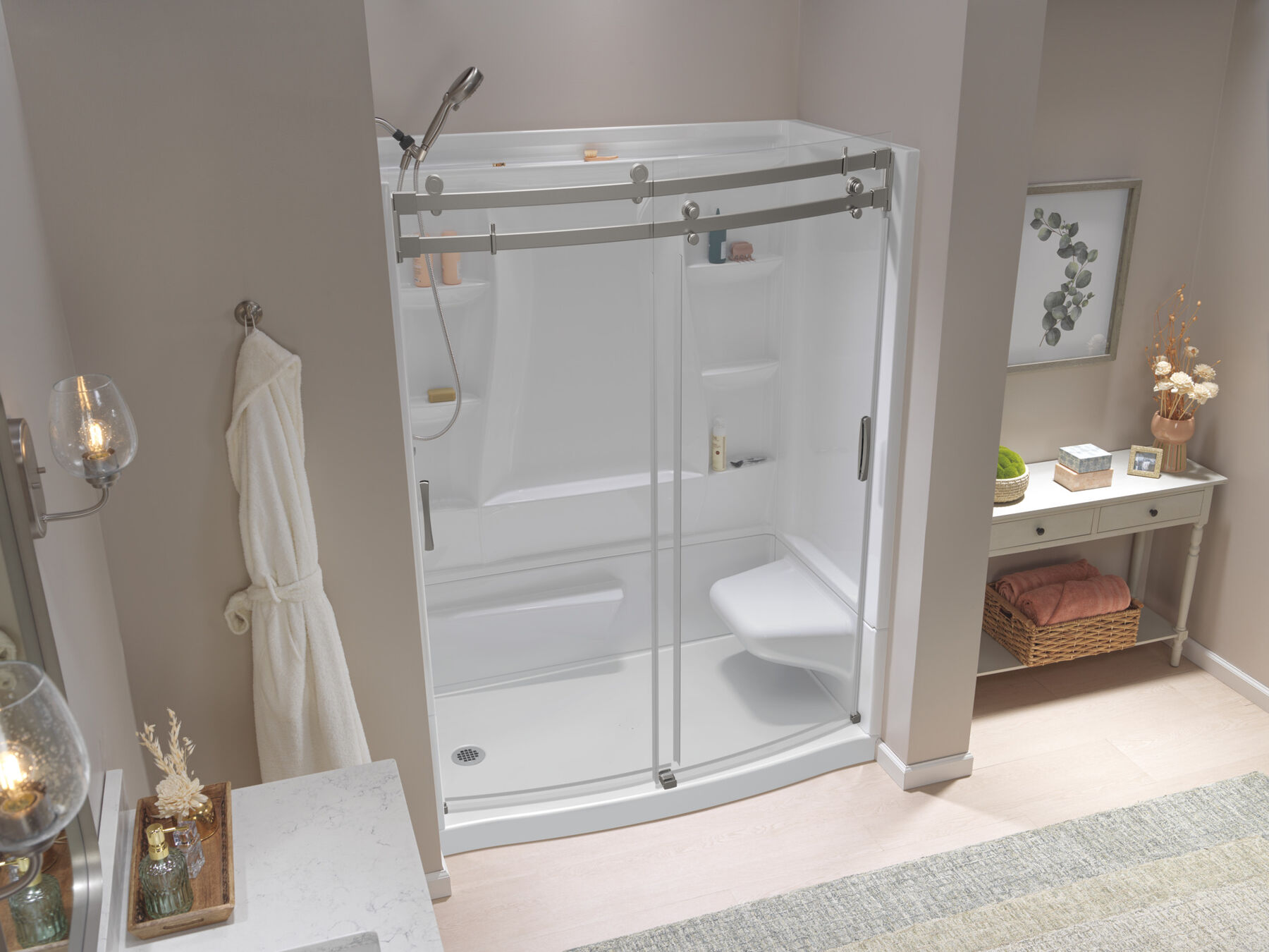60x32 Alcove Shower Bundle with Door- Right Seat Left Drain Curve, image 2
