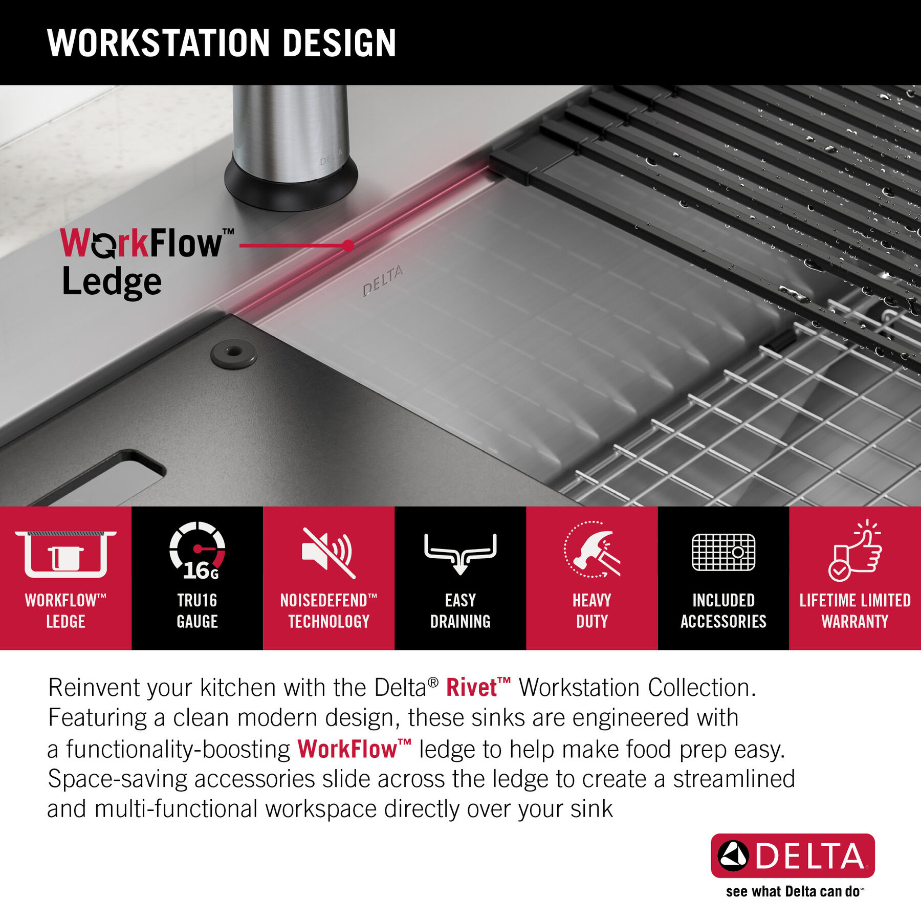 Lavabo de cocina tipo estación de trabajo con dos receptáculos de acero inoxidable 50/50 calibre 16 de 33" de montaje superior encastrado, con reborde WorkFlow™ y accesorios, imagen 5