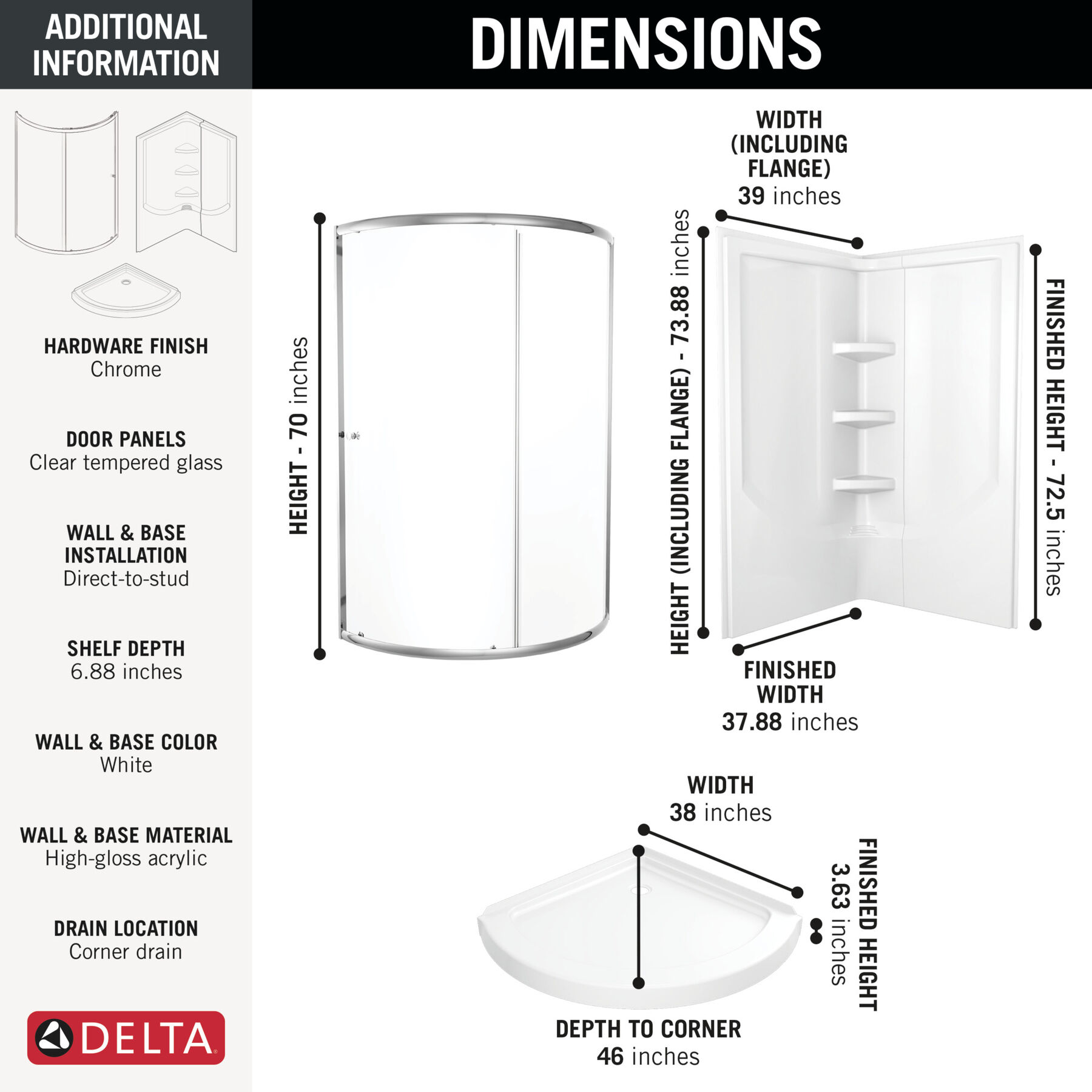 38x38 Corner Shower Bundle with Door - Framed Round with Direct-to-Stud Wall Set, image 1