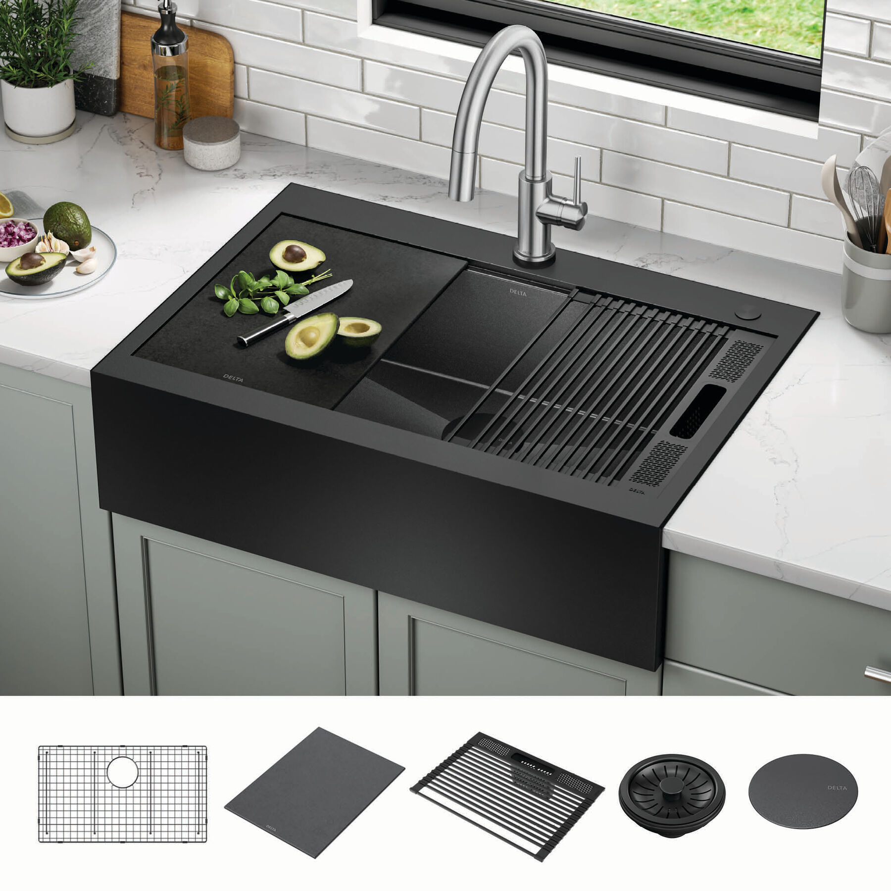 Lavabo de cocina tipo estación de trabajo para reacondicionamiento estilo campestre/borde delantero con un receptáculo calibre 16 de 33", con reborde WorkFlow™ y accesorios para instalación de montaje superior encastrado, imagen 11