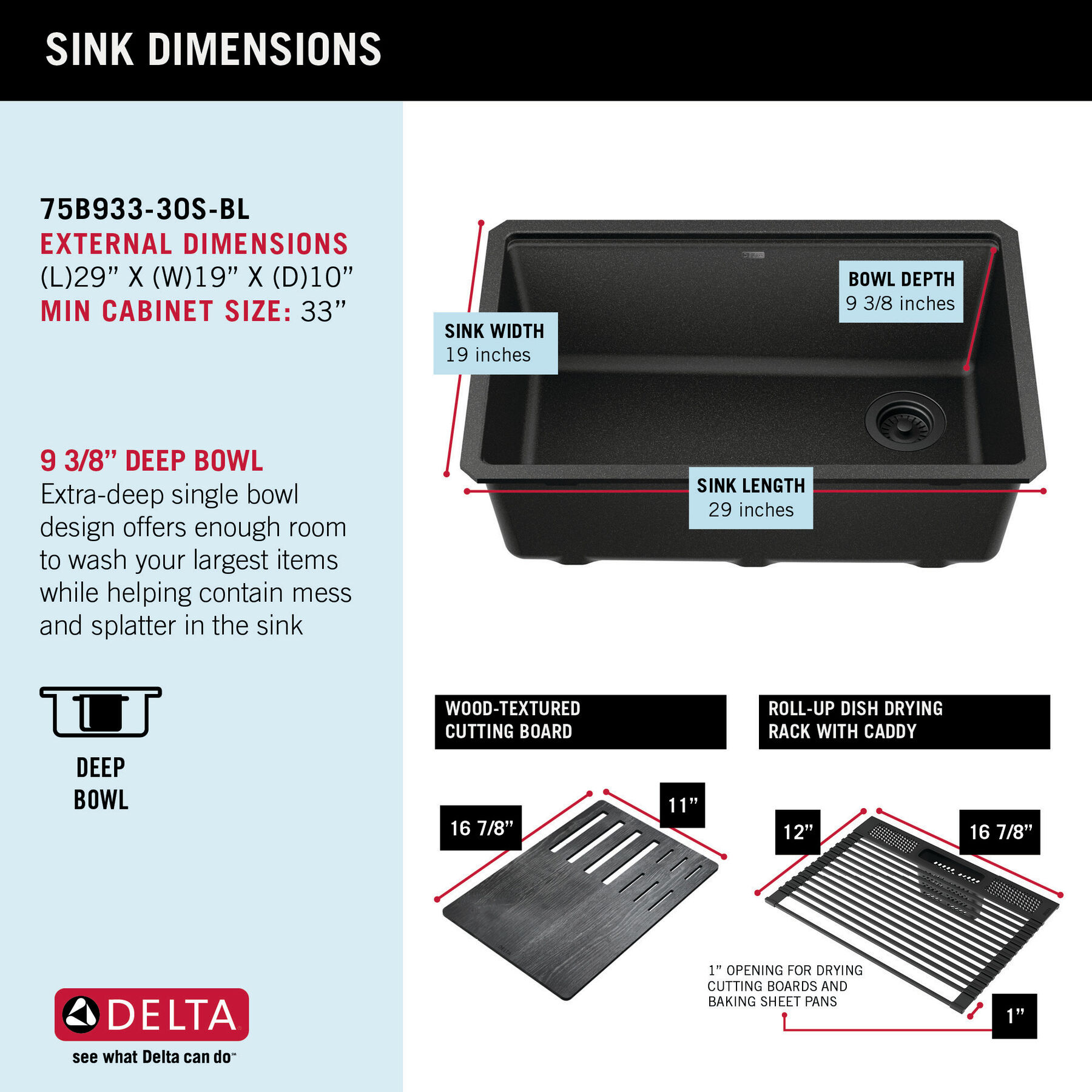 Lavabo de cocina tipo estación de trabajo con un receptáculo de compuesto de granito de 30" de montaje bajo encimera, con reborde WorkFlow™ y accesorios en negro metálico, imagen 7