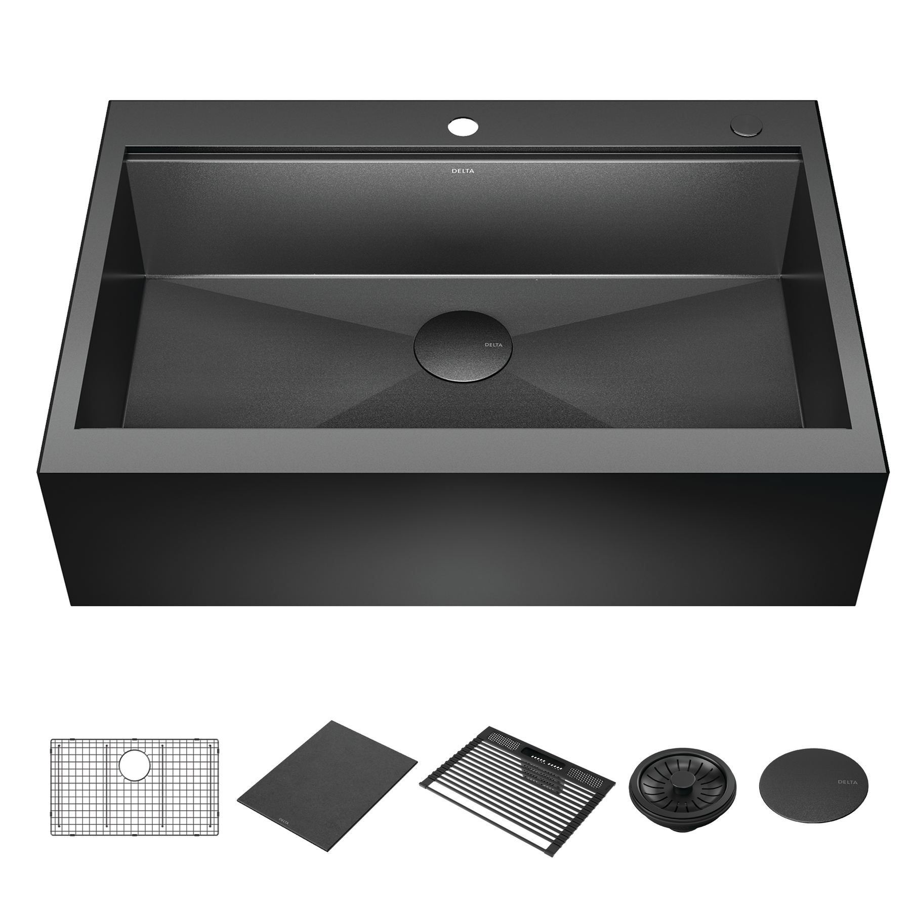 Lavabo de cocina tipo estación de trabajo para reacondicionamiento estilo campestre/borde delantero con un receptáculo calibre 16 de 33", con reborde WorkFlow™ y accesorios para instalación de montaje superior encastrado
