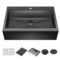 Lavabo de cocina tipo estación de trabajo para reacondicionamiento estilo campestre/borde delantero con un receptáculo calibre 16 de 33", con reborde WorkFlow™ y accesorios para instalación de montaje superior encastrado
