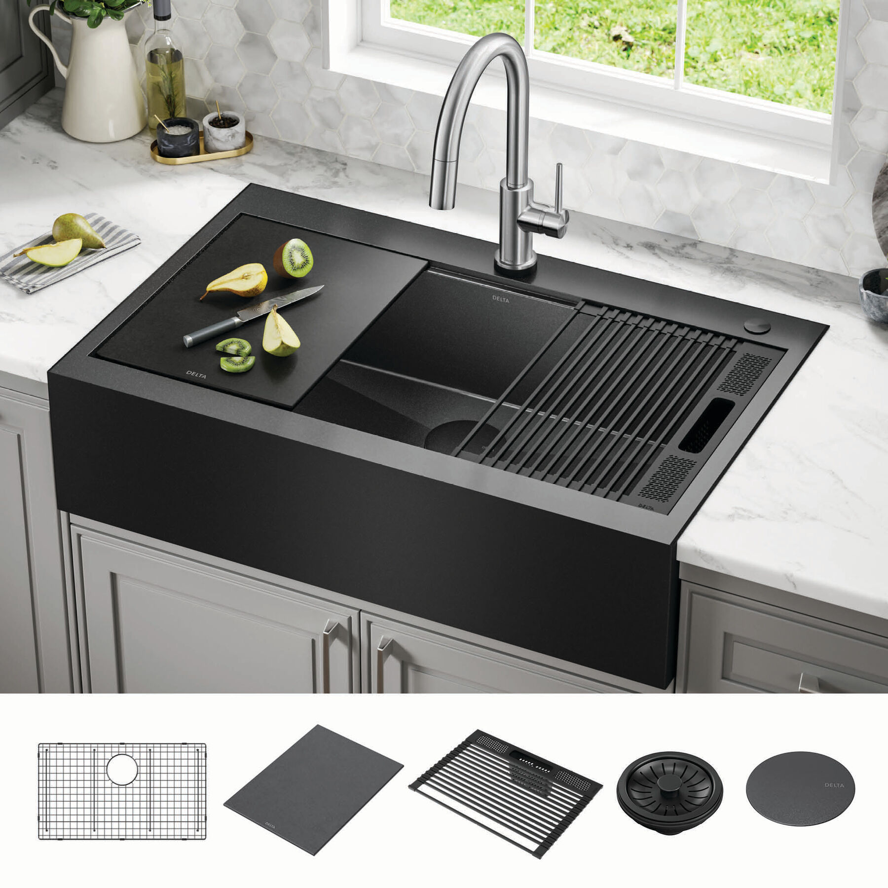 Lavabo de cocina tipo estación de trabajo para reacondicionamiento estilo campestre/borde delantero con un receptáculo calibre 16 de 36", con reborde WorkFlow™ y accesorios para instalación de montaje superior encastrado, imagen 11