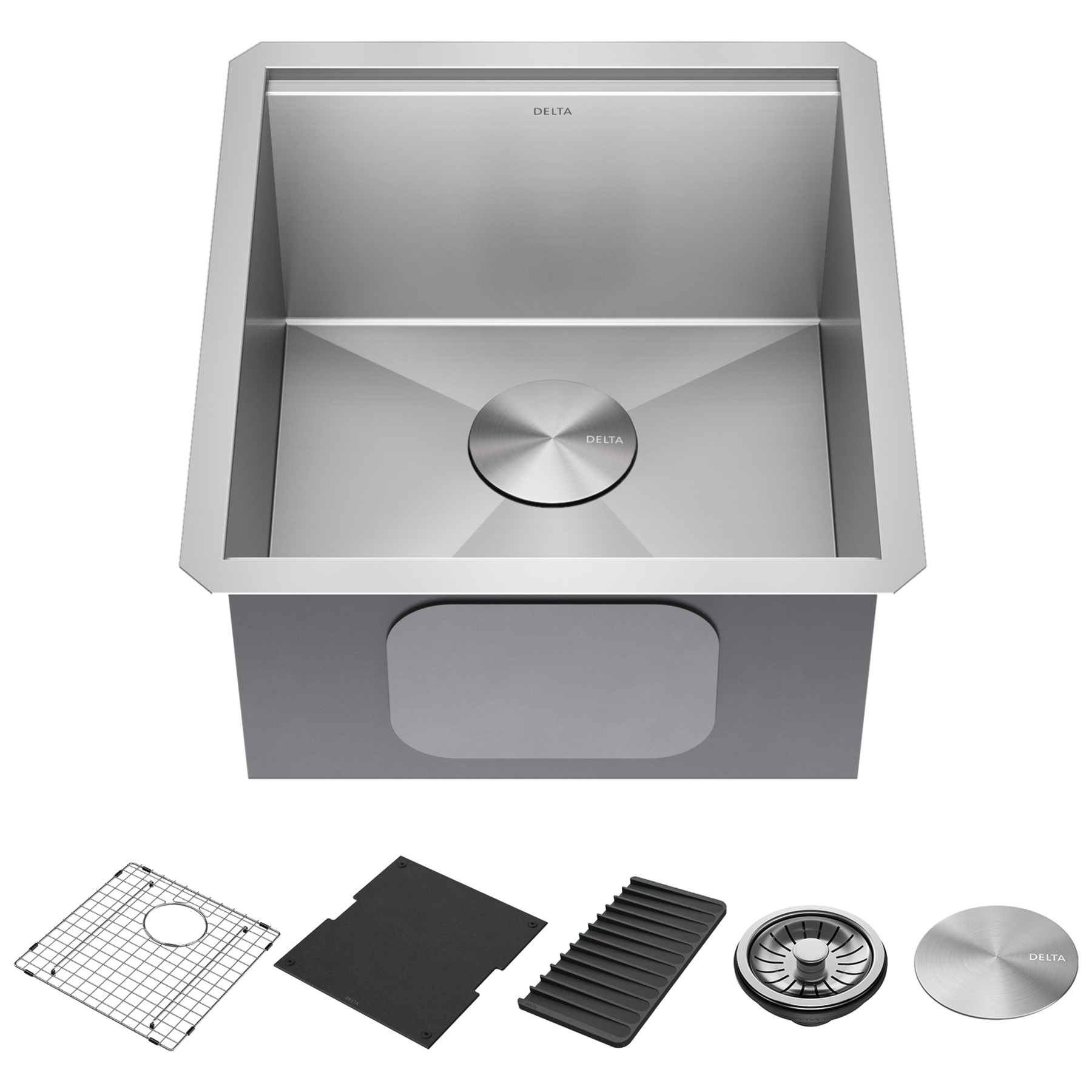 Lavabo de cocina para barra/preparación de alimentos tipo estación de trabajo con un receptáculo de acero inoxidable calibre 16 de 17" de montaje bajo encimera, con reborde WorkFlow™ y accesorios