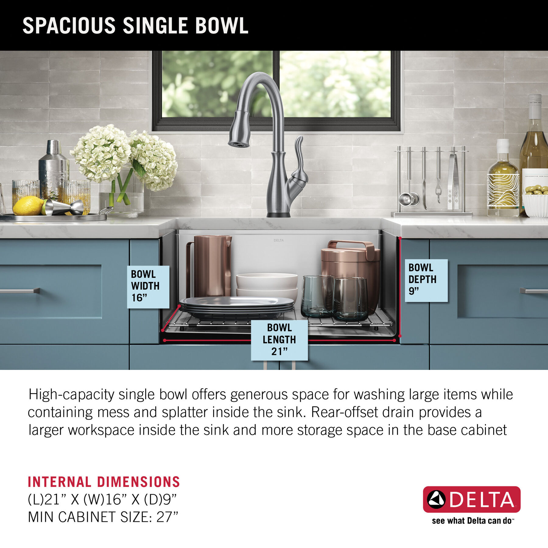 Lavabo de cocina tipo estación de trabajo con un receptáculo de acero inoxidable calibre 16 de 23" de montaje bajo encimera, con reborde WorkFlow™ y accesorios, imagen 4
