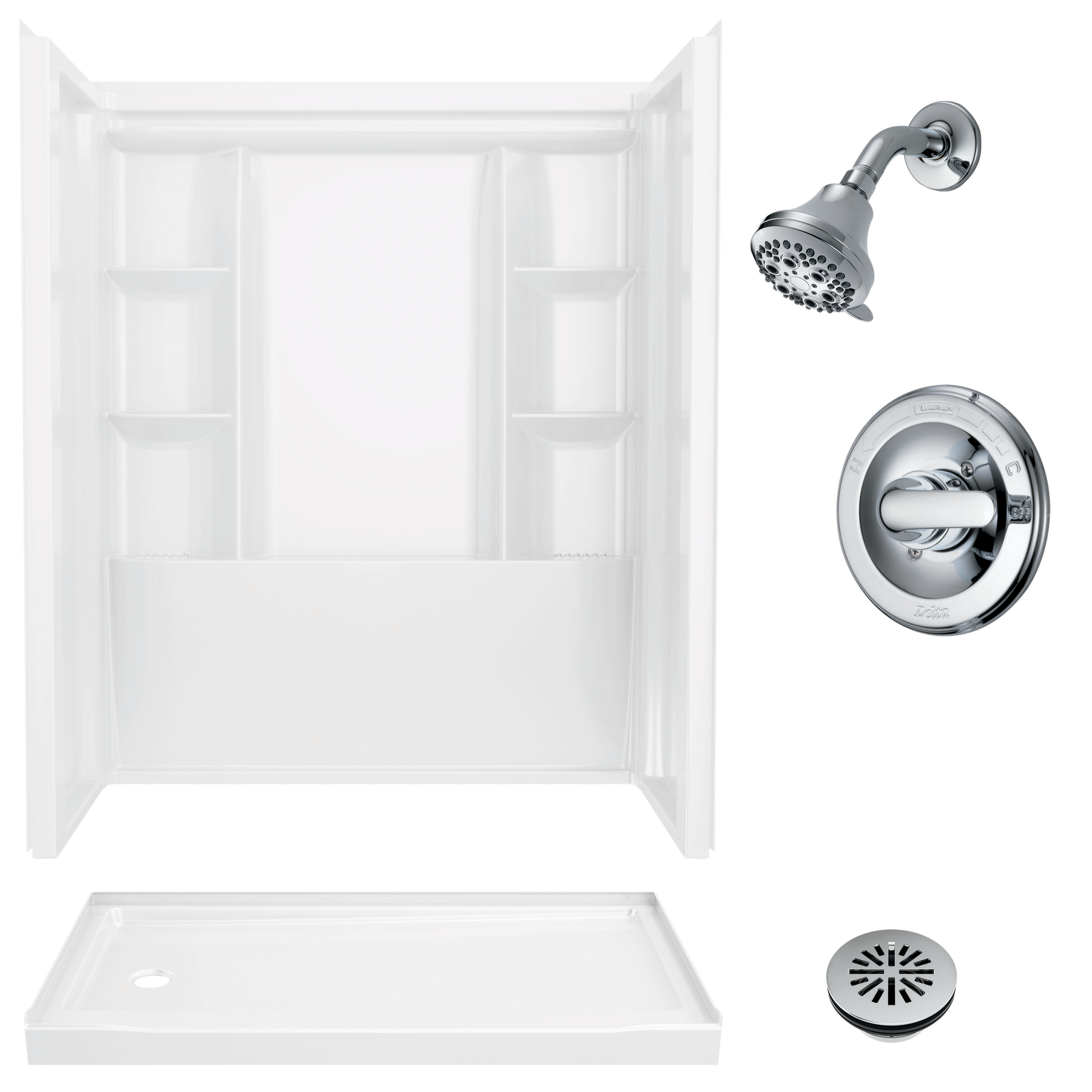 60x32 Alcove Shower Bundle with Trim and Drain - Left Drain