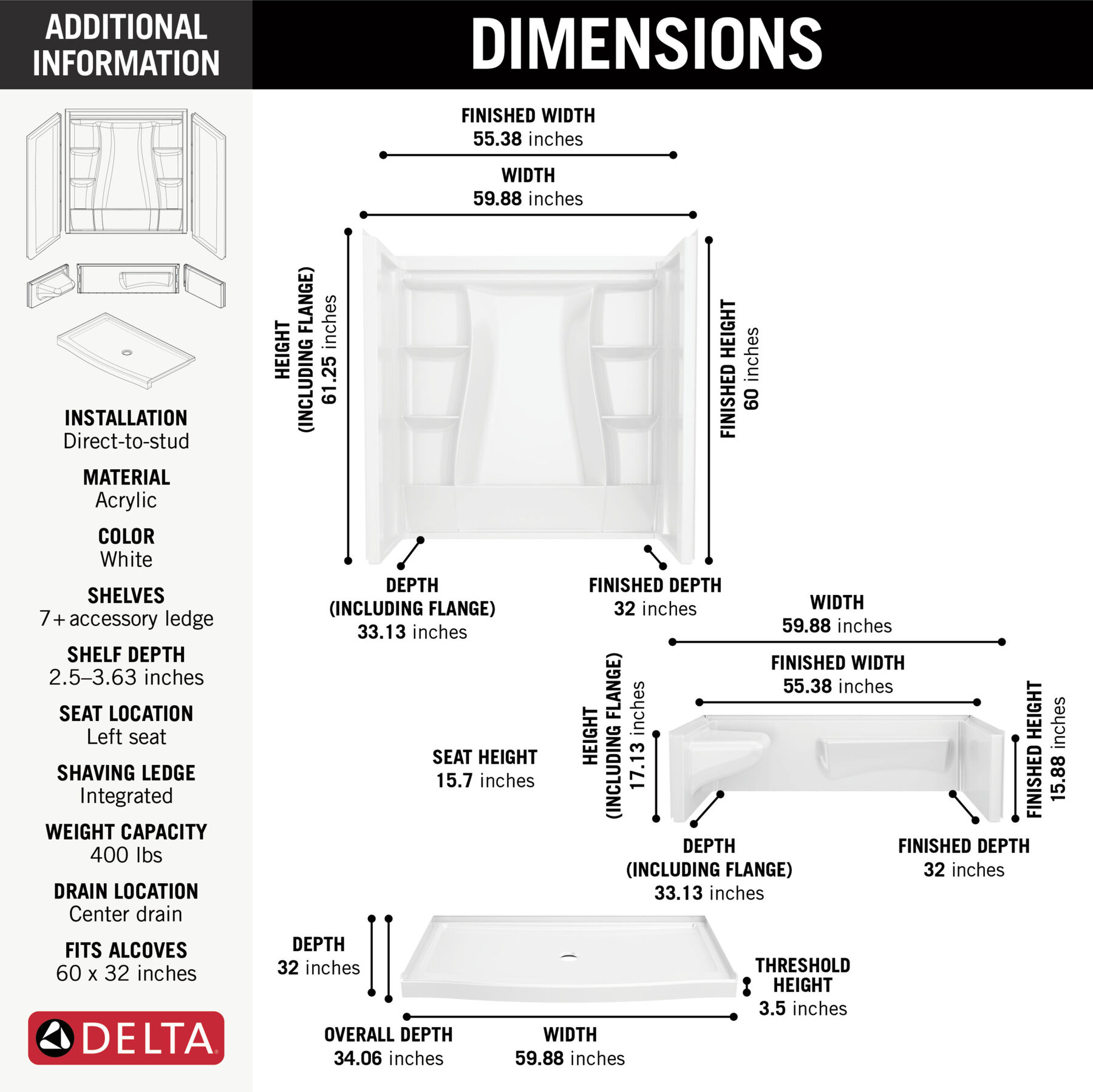 60x32 Alcove Shower Bundle - Left Seat Center Drain Curve, image 3