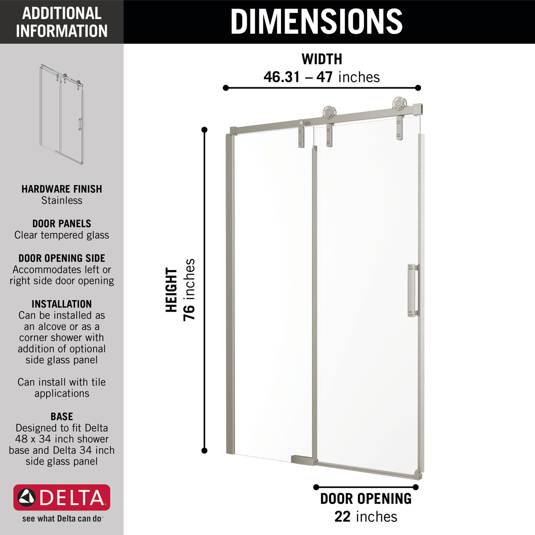 Puerta para ducha en esquina de acero inoxidable de 48" x 34", imagen 1