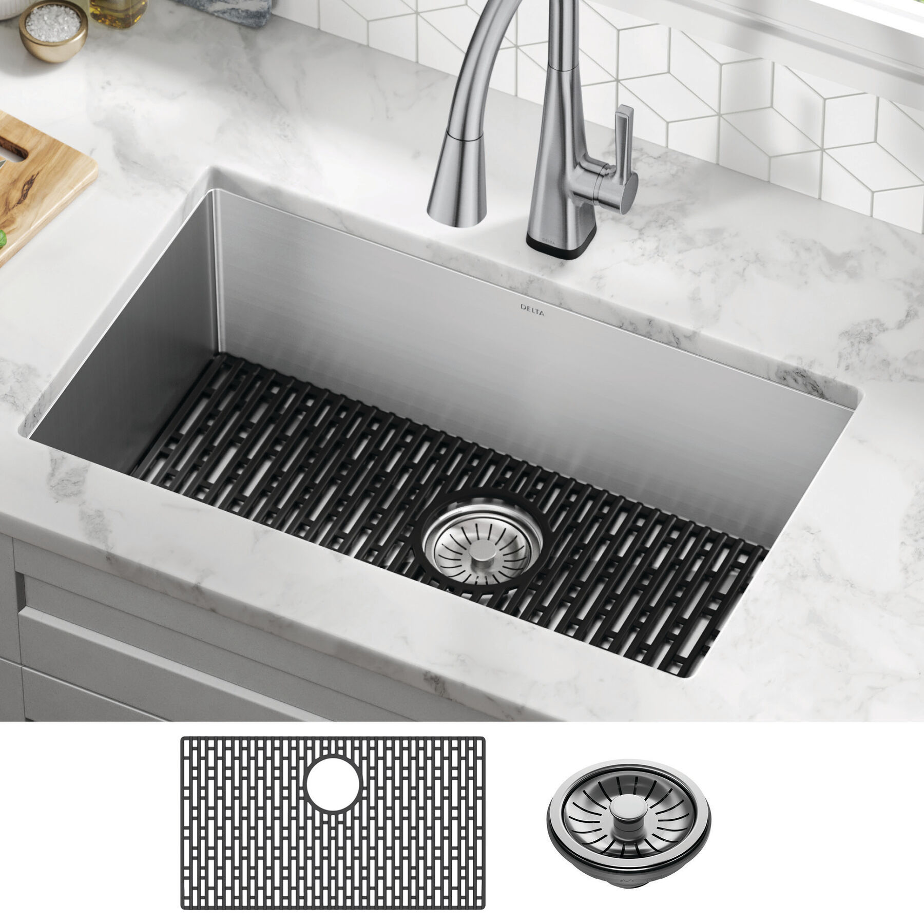 Lavabo de cocina con un receptáculo de acero inoxidable de 30" de montaje bajo encimera con accesorios, imagen 10