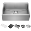 Lavabo de cocina estilo campestre/borde delantero tipo estación de trabajo con un receptáculo de acero inoxidable calibre 16 de 33" de montaje bajo encimera, con reborde WorkFlow™ y accesorios