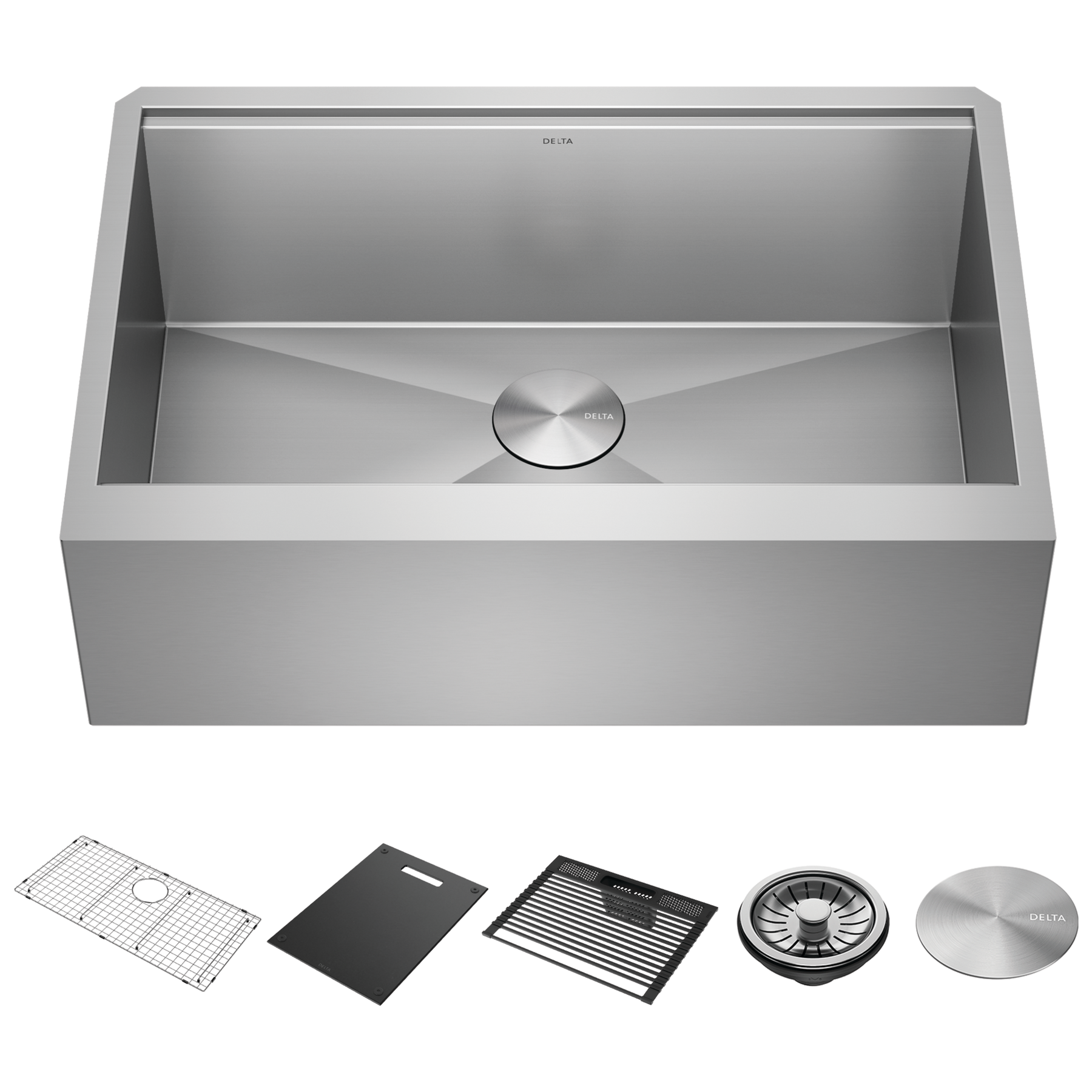 Lavabo de cocina estilo campestre/borde delantero tipo estación de trabajo con un receptáculo de acero inoxidable calibre 16 de 33" de montaje bajo encimera, con reborde WorkFlow™ y accesorios