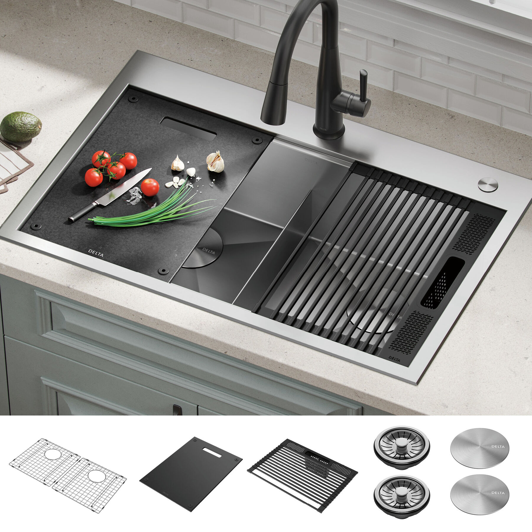 Lavabo de cocina tipo estación de trabajo con dos receptáculos de acero inoxidable 50/50 calibre 16 de 33" de montaje superior encastrado, con reborde WorkFlow™ y accesorios, imagen 10