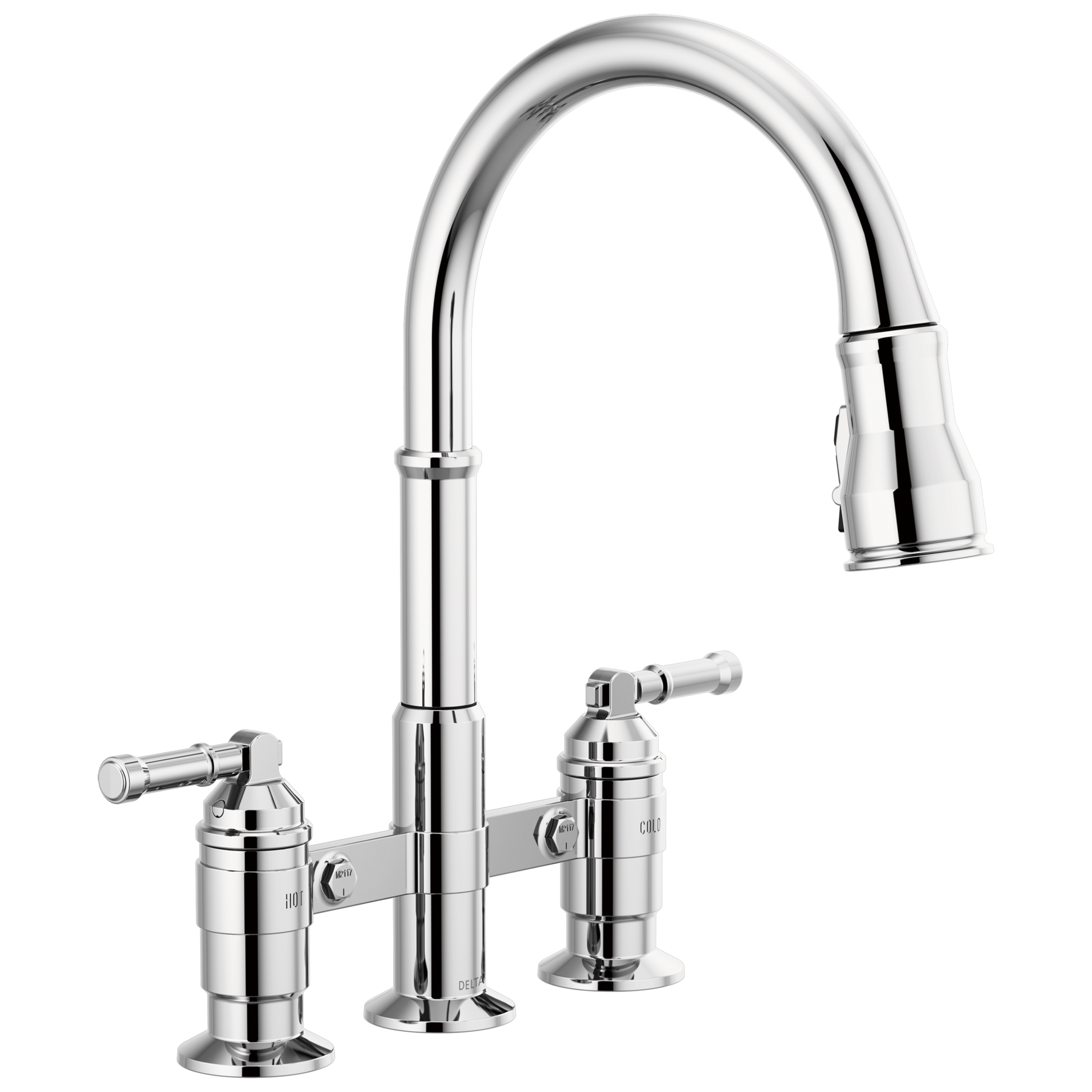 Llave para cocina tipo puente extensible con dos manijas