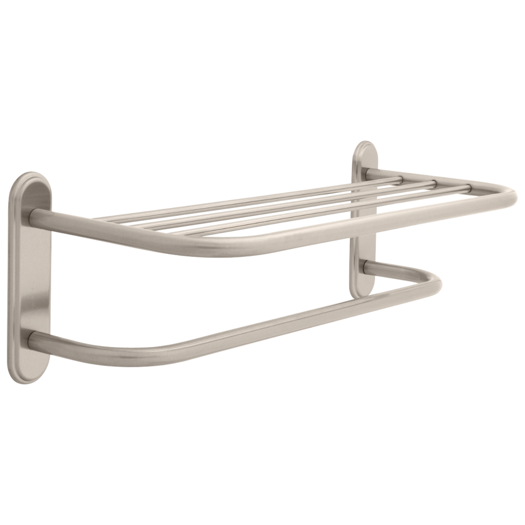 24" Brass Towel Shelf with Brass Step Style Beveled Flanges and One Bar, Concealed Mounting