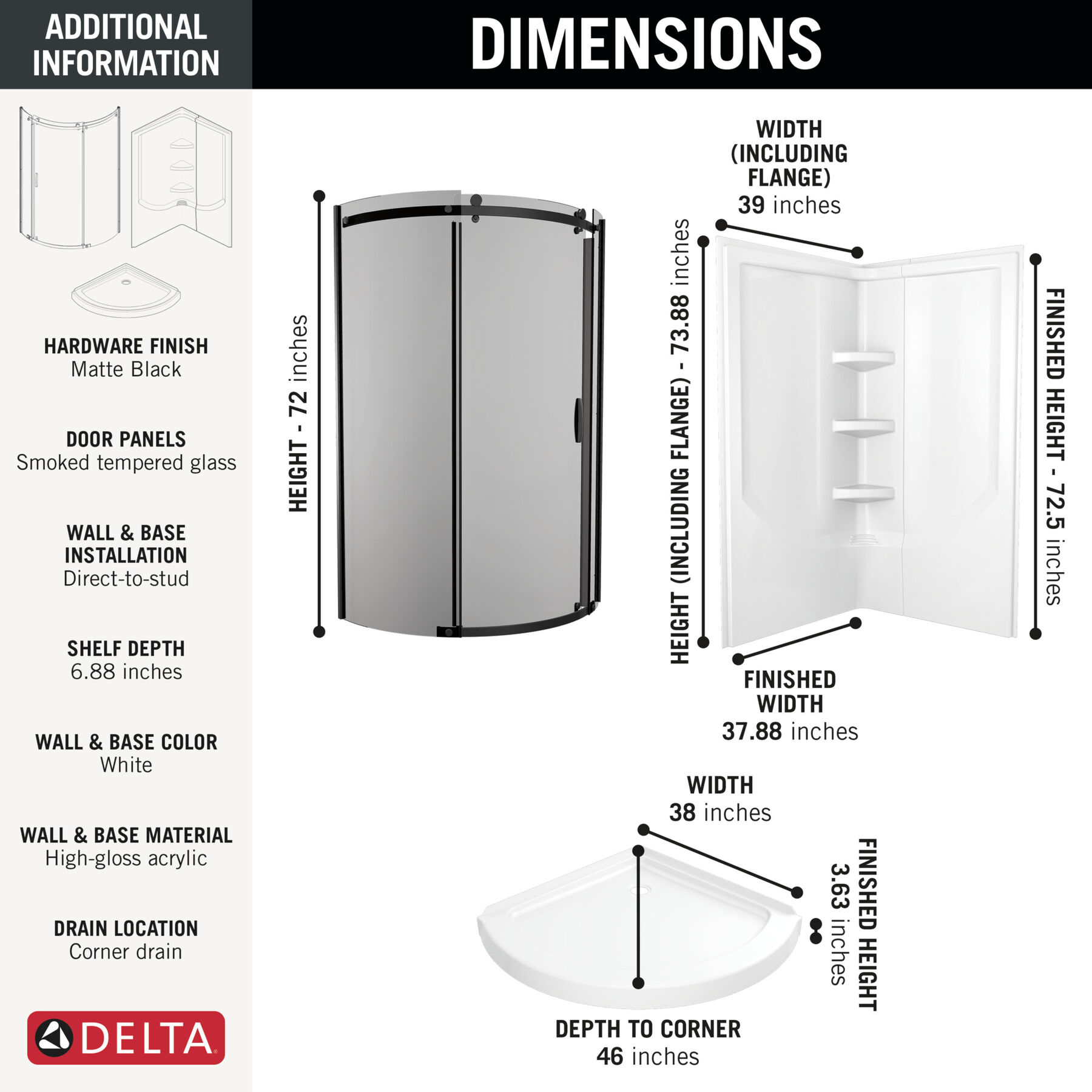 38x38 Corner Shower Bundle with Door - Classic Round with Direct-to-Stud Wall Set, image 1