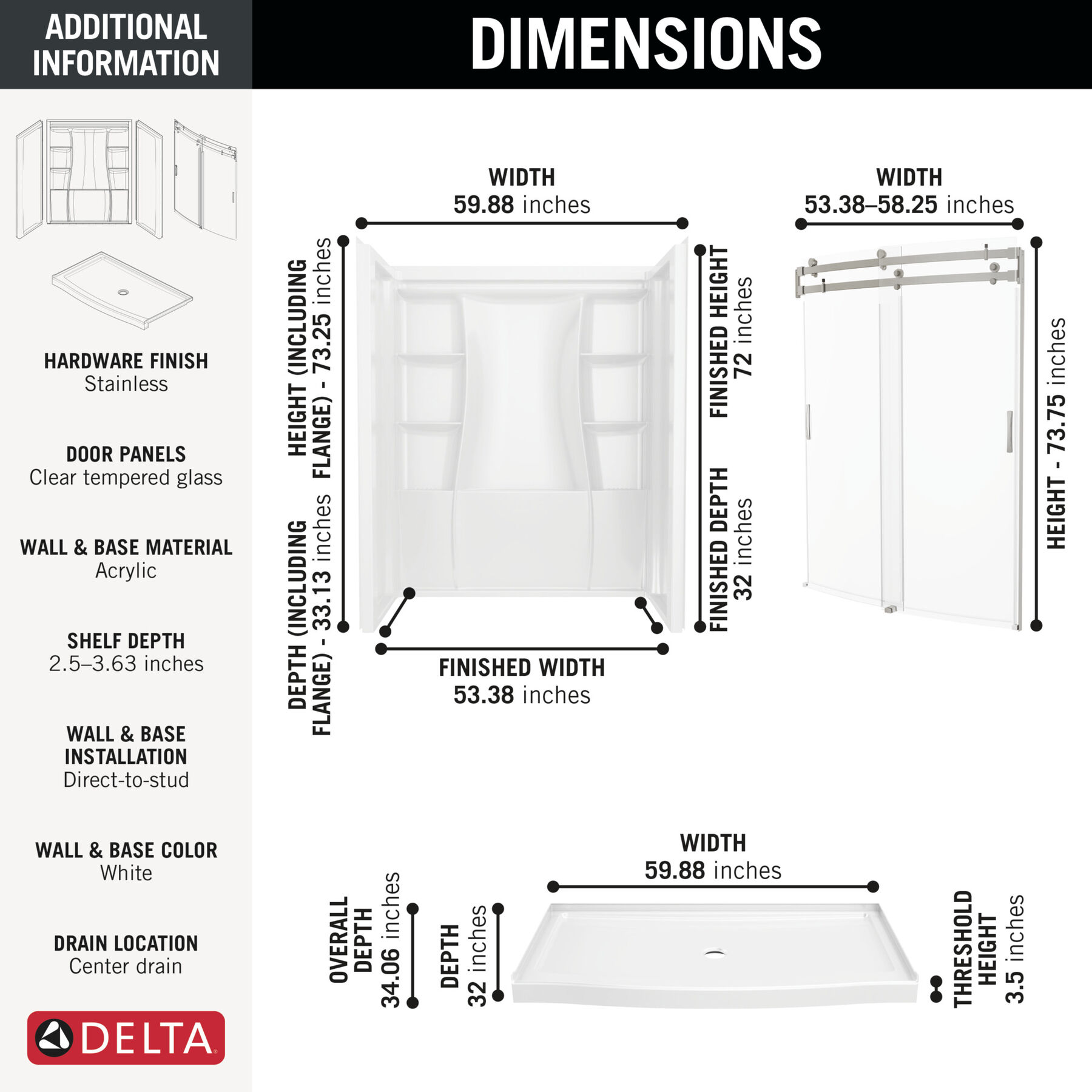 60x32 Alcove Shower Bundle with Door - Center Drain Curve, image 1