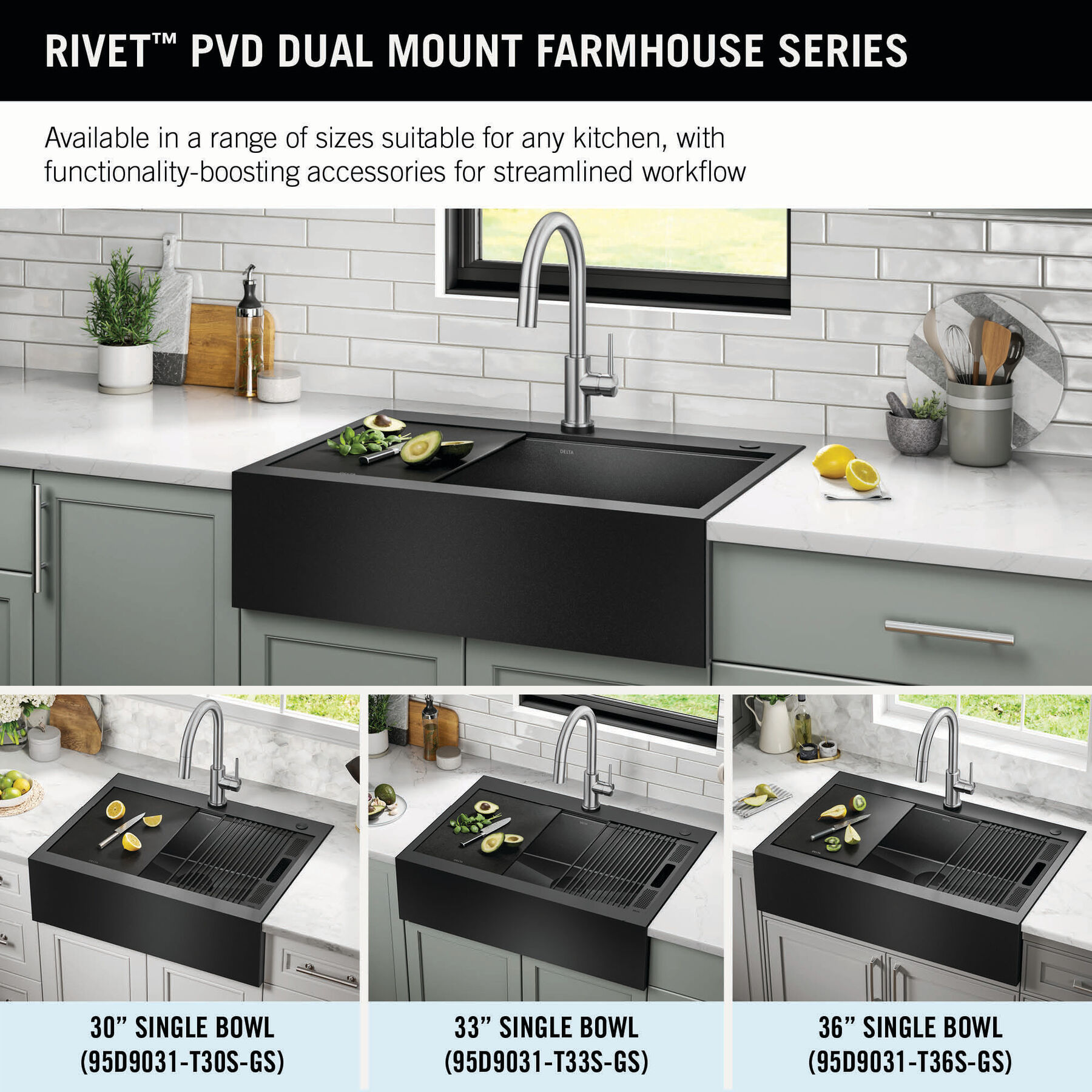 Lavabo de cocina tipo estación de trabajo para reacondicionamiento estilo campestre/borde delantero con un receptáculo calibre 16 de 33", con reborde WorkFlow™ y accesorios para instalación de montaje superior encastrado, imagen 4