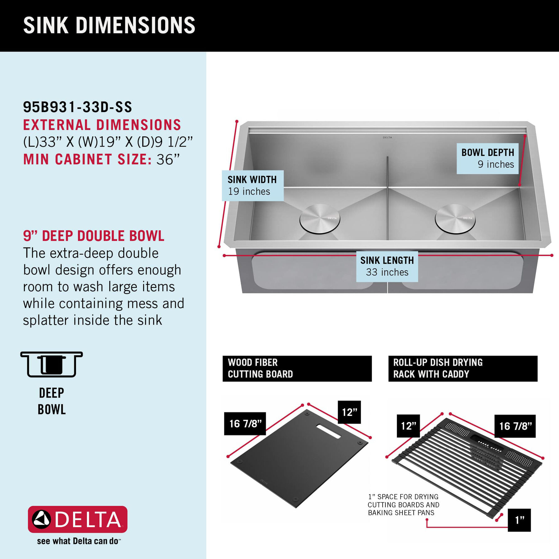 33” Workstation Kitchen Sink Undermount 16 Gauge Stainless Steel 50/50 Double Bowl with WorkFlow™ Ledge and Accessories, image 8