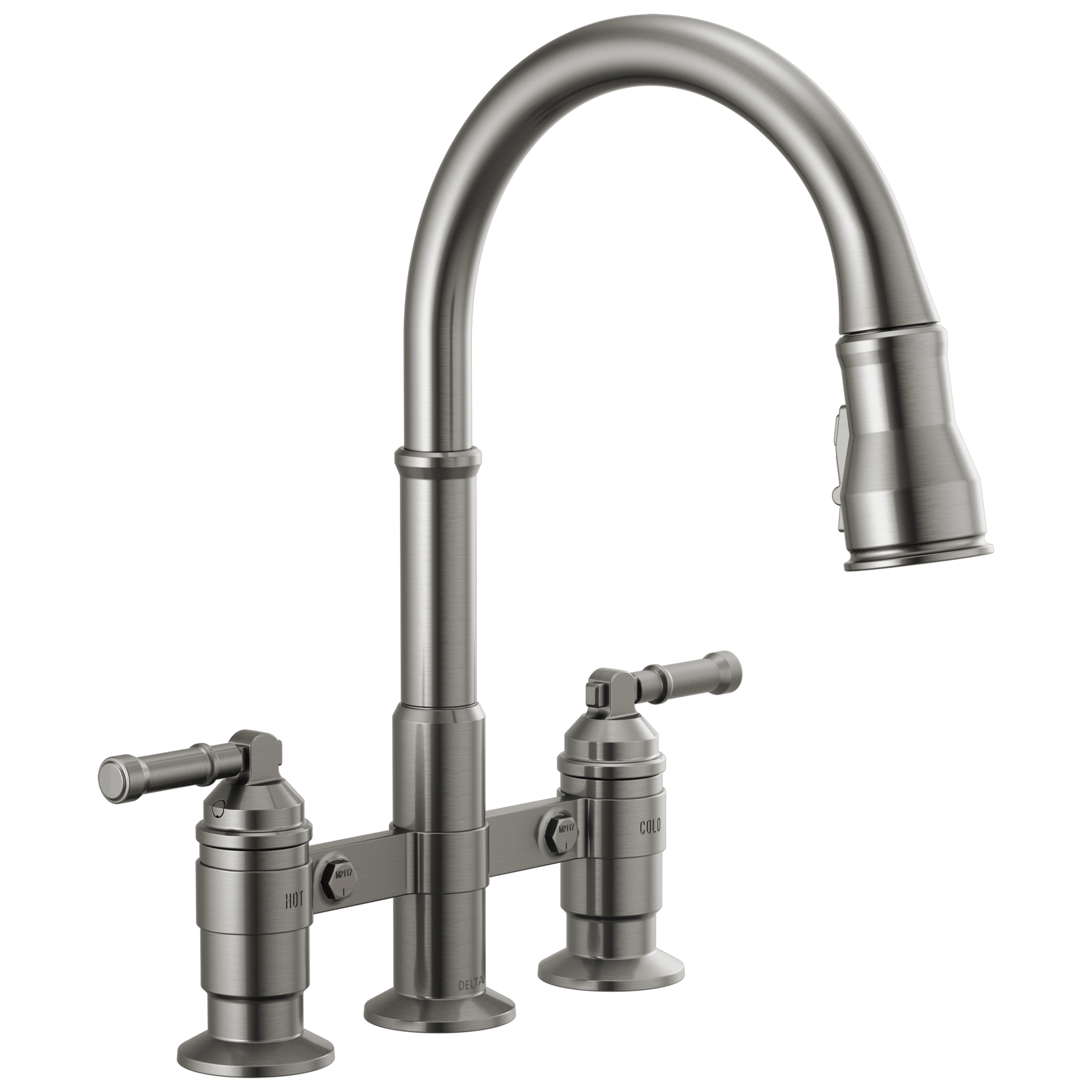 Llave para cocina tipo puente extensible con dos manijas