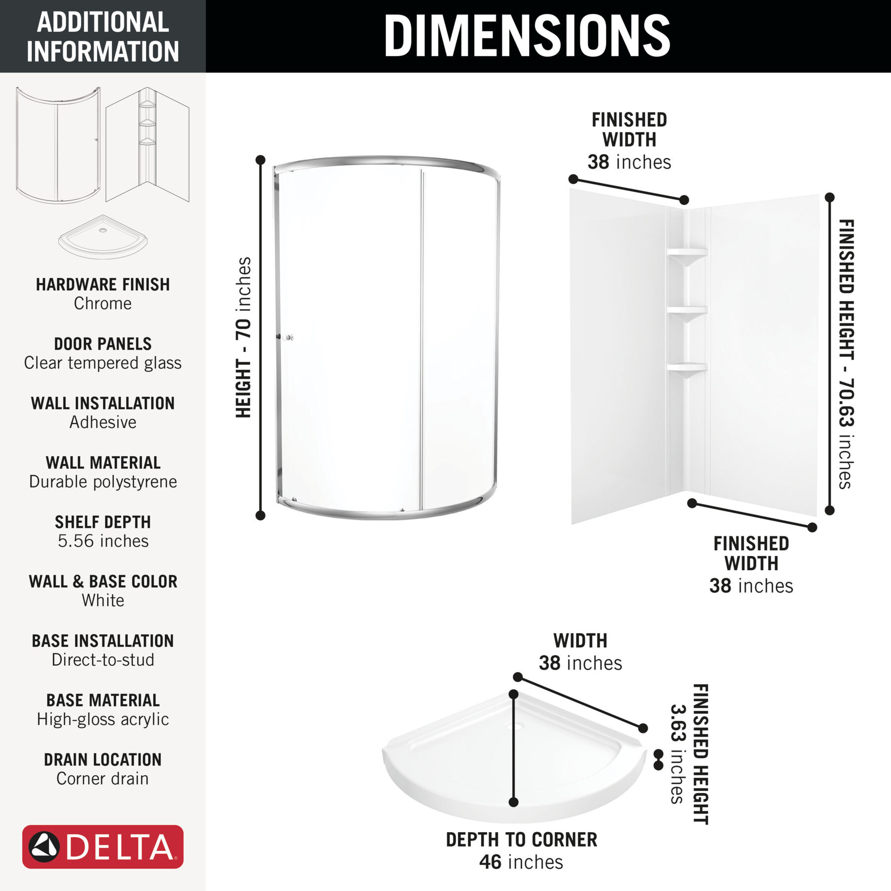 38x38 Corner Shower Bundle with Door - Framed Round with Glue Up Wall Set, image 1