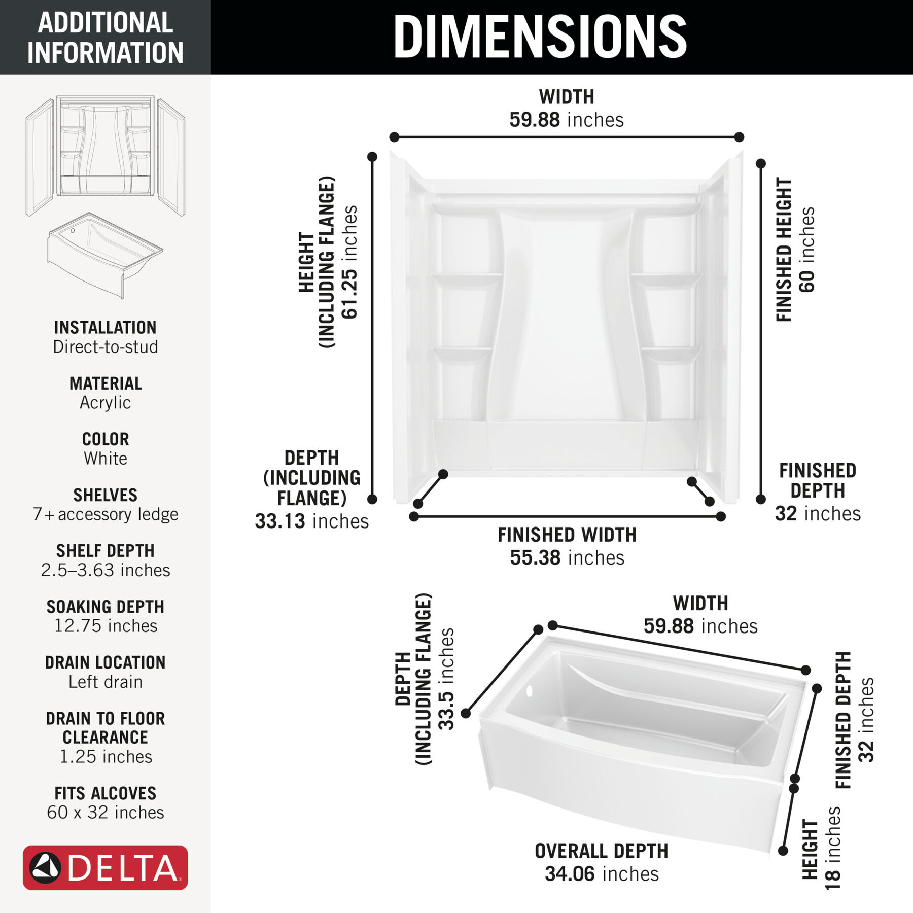 60x32 Alcove Bathtub Bundle without Door - Left Drain, image 1