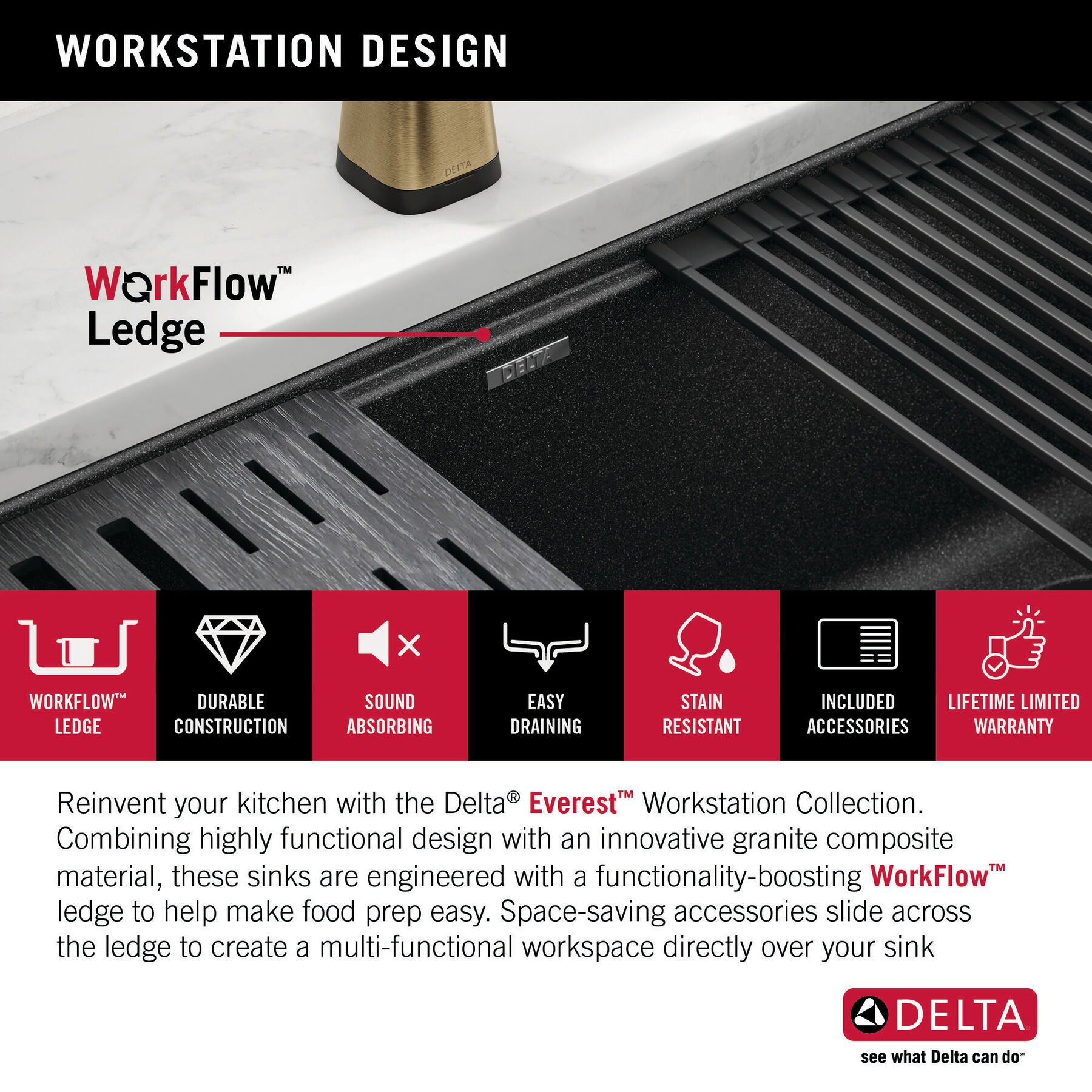 Lavabo de cocina tipo estación de trabajo con un receptáculo de compuesto de granito de 32" de montaje bajo encimera, con reborde WorkFlow™ y accesorios, imagen 6