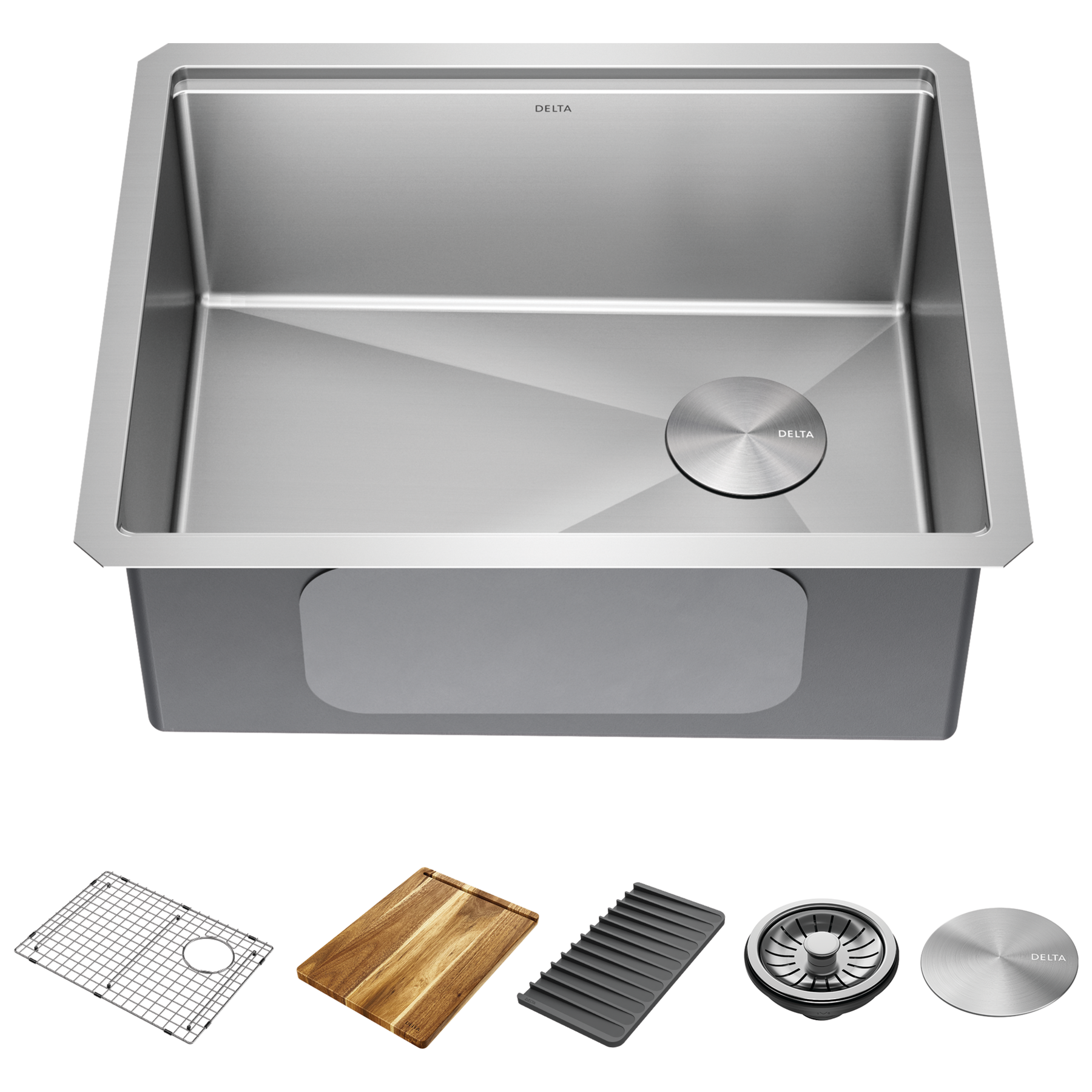 Lavabo de cocina tipo estación de trabajo con un receptáculo de acero inoxidable calibre 16 de 23" de montaje bajo encimera, con reborde WorkFlow™ y accesorios