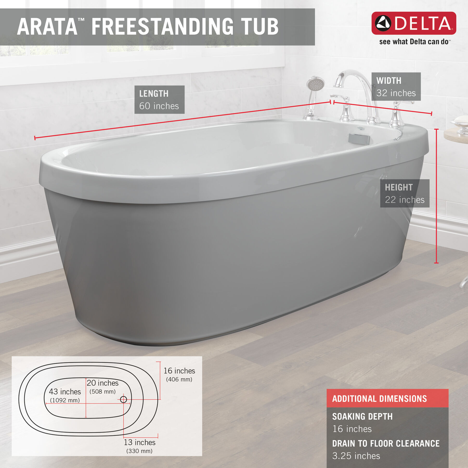 60" x 32" Bañera independiente con protección contra desechos y desbordes integrada, imagen 6