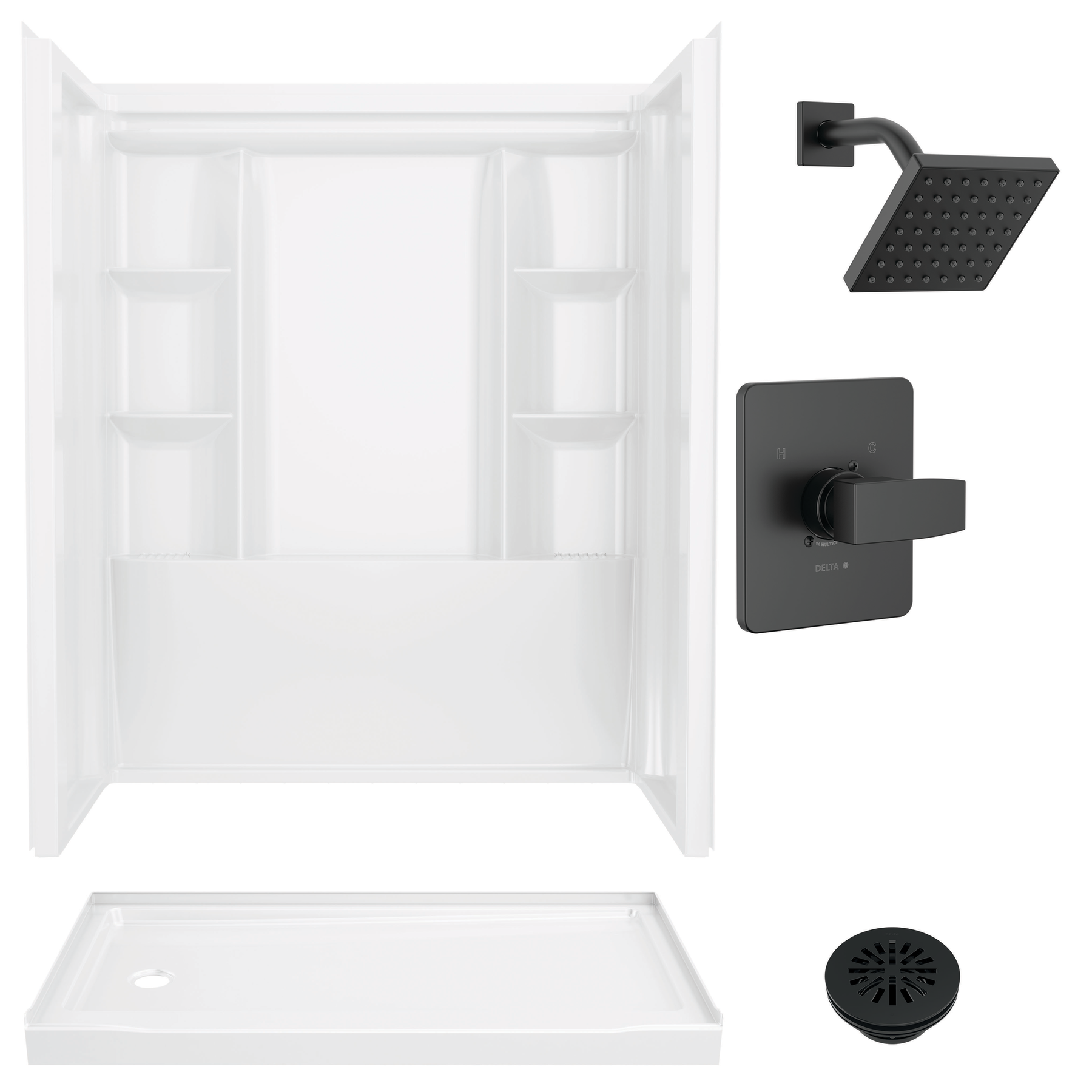 60x32 Alcove Shower Bundle with Trim and Drain - Left Drain