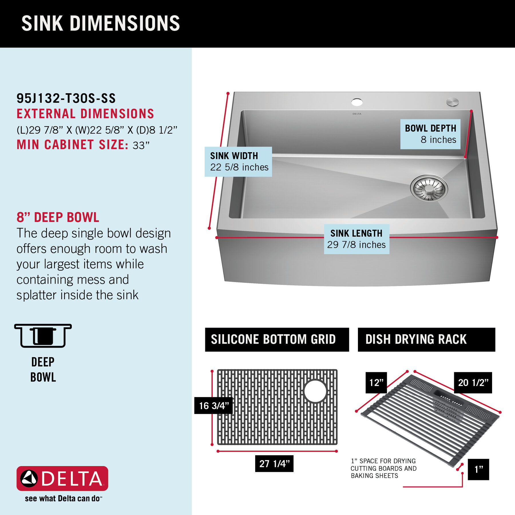 Lavabo de cocina para reacondicionamiento estilo campestre/borde delantero con un receptáculo de acero inoxidable calibre 16 de 30", para instalación de montaje bajo encimera/encastrado con accesorios, imagen 8