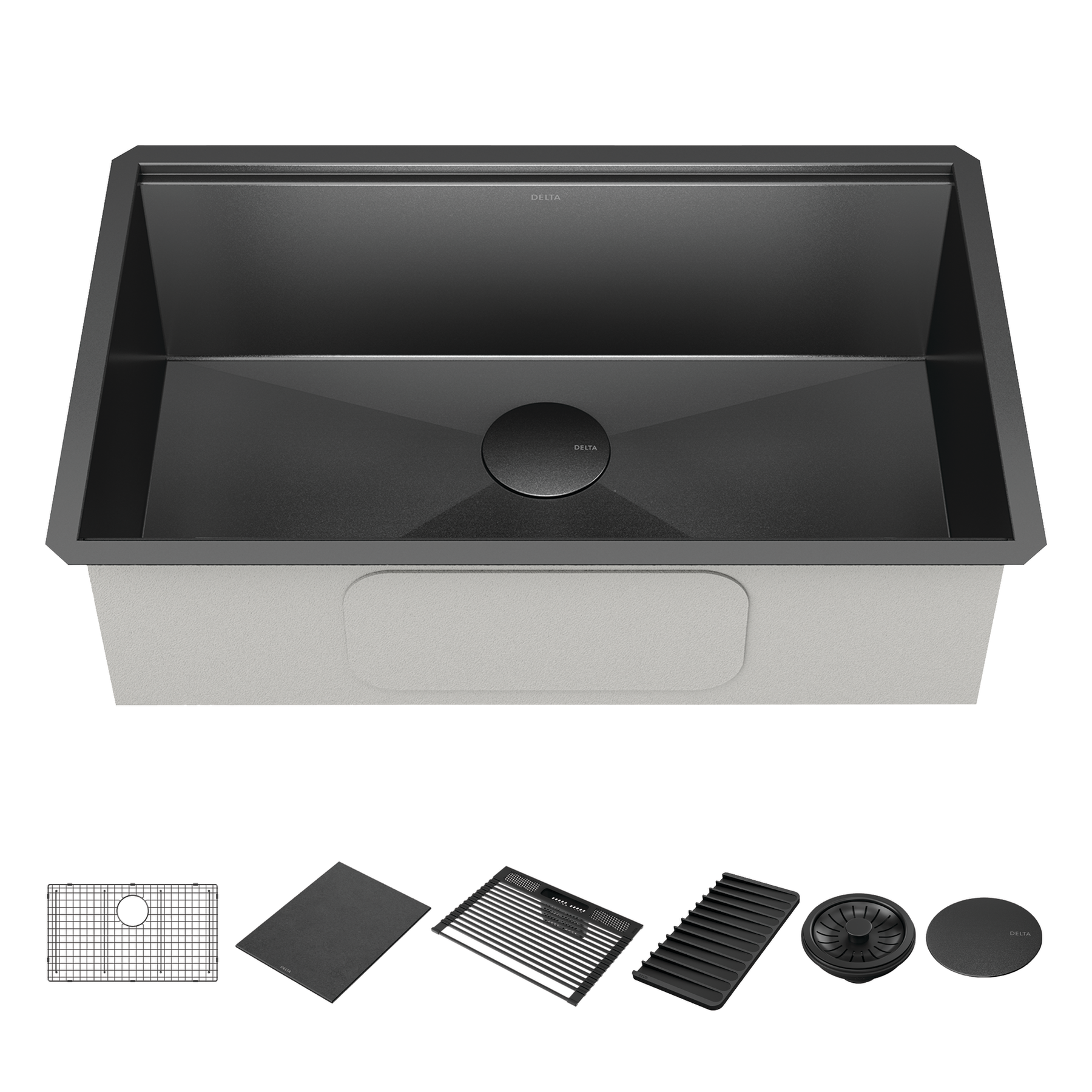 Lavabo de cocina tipo estación de trabajo con un receptáculo calibre 16 de 30" de montaje bajo encimera, con reborde WorkFlow™ y accesorios